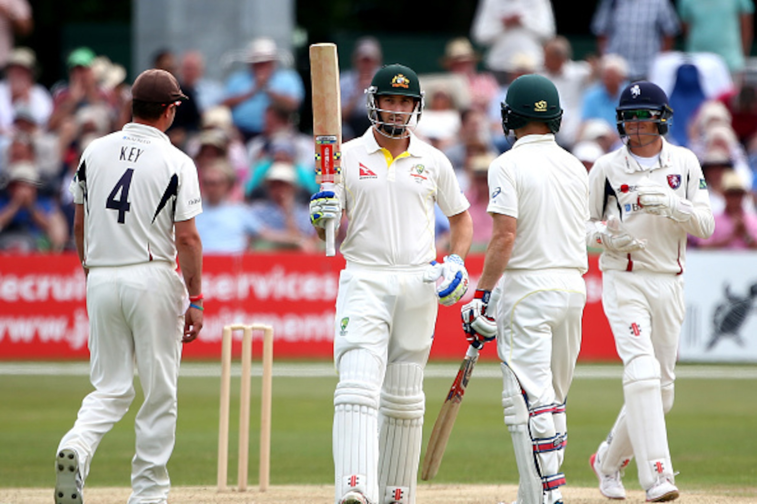 CANTERBURY, ENGLAND - JUNE 25: Australia's Shaun Marsh celebrates his fifty during day one of the tour match between Kent and Austrlia at The Spitfire Ground, St Lawrence on June 25, 2015 in Canterbury, England. (Photo by Charlie Crowhurst/Getty Images)