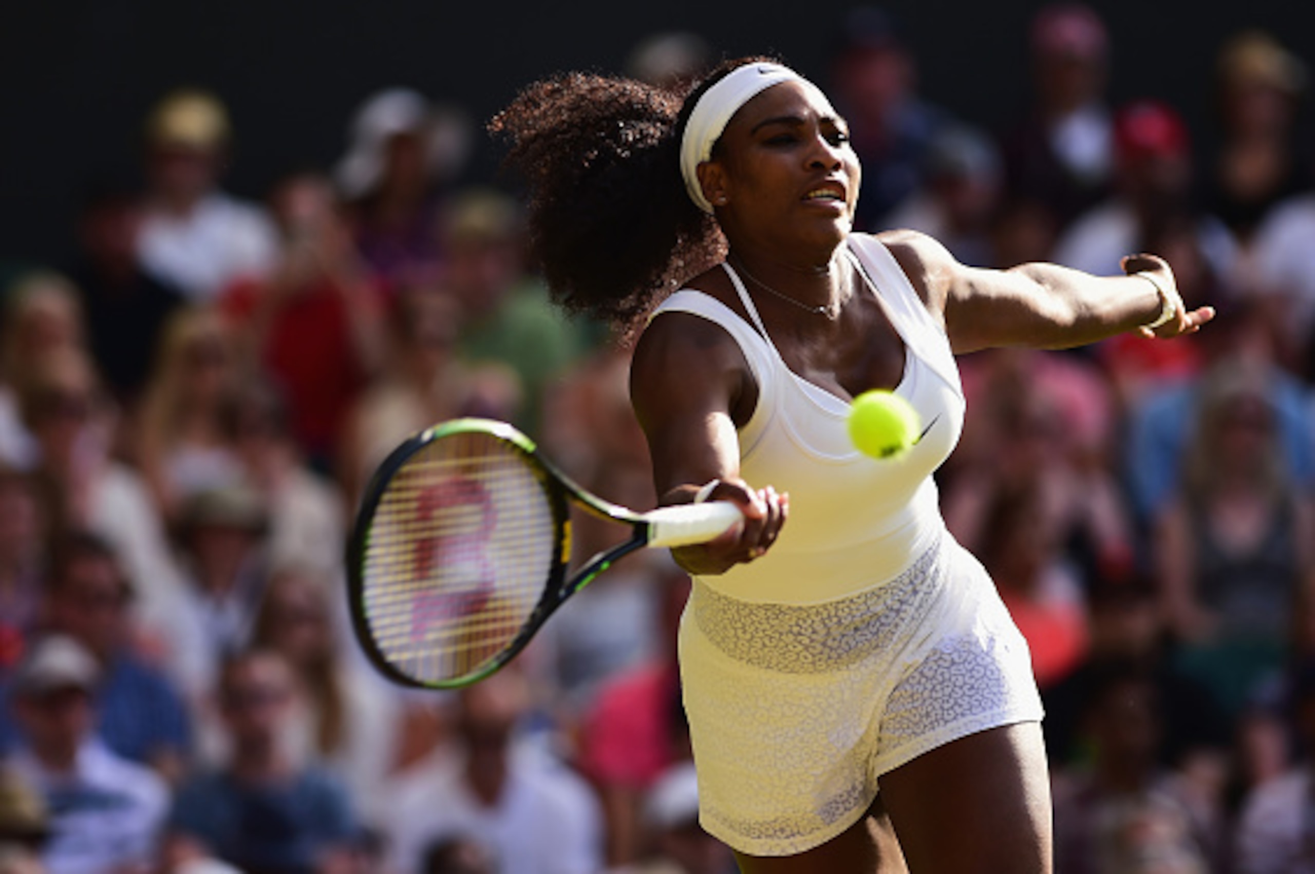 LONDON, ENGLAND - JULY 03:  Serena Williams of the United States plays a forehand in her LadiesÂ Singles Third Round match against Heather Watson of Great Britain during day five of the Wimbledon Lawn Tennis Championships at the All England Lawn Tennis an