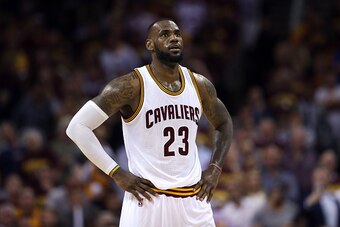 CLEVELAND, OH - JUNE 16:  LeBron James #23 of the Cleveland Cavaliers reacts against the Golden State Warriors during Game Six of the 2015 NBA Finals at Quicken Loans Arena on June 16, 2015 in Cleveland, Ohio. NOTE TO USER: User expressly acknowledges and