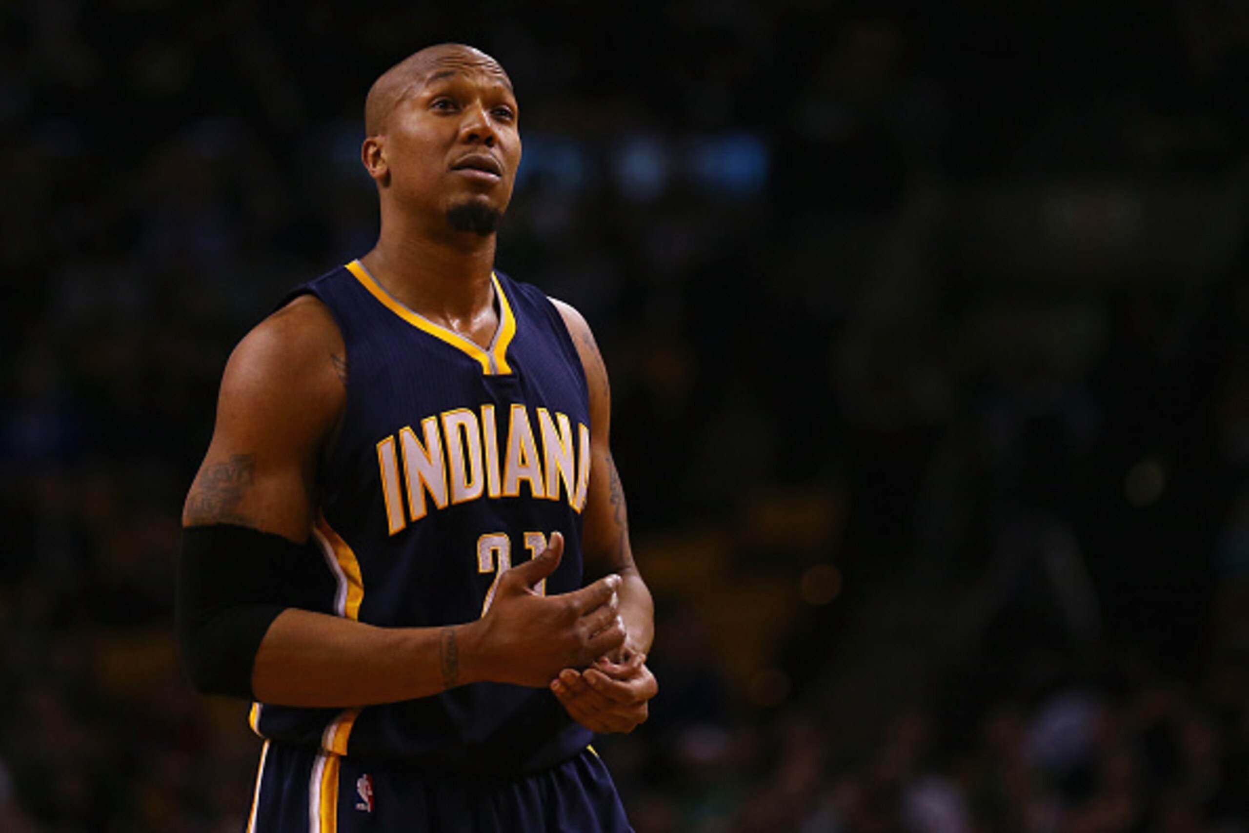 BOSTON, MA - APRIL 01: David West #21 of the Indiana Pacers looks on during the first quarter against the Boston Celtics at TD Garden on April 1, 2015 in Boston, Massachusetts. NOTE TO USER: User expressly acknowledges and agrees that, by downloading and BOSTON, MA - APRIL 01: David West #21 of the Indiana Pacers looks on during the first quarter against the Boston Celtics at TD Garden on April 1, 2015 in Boston, Massachusetts. NOTE TO USER: User expressly acknowledges and agrees that, by downloading and