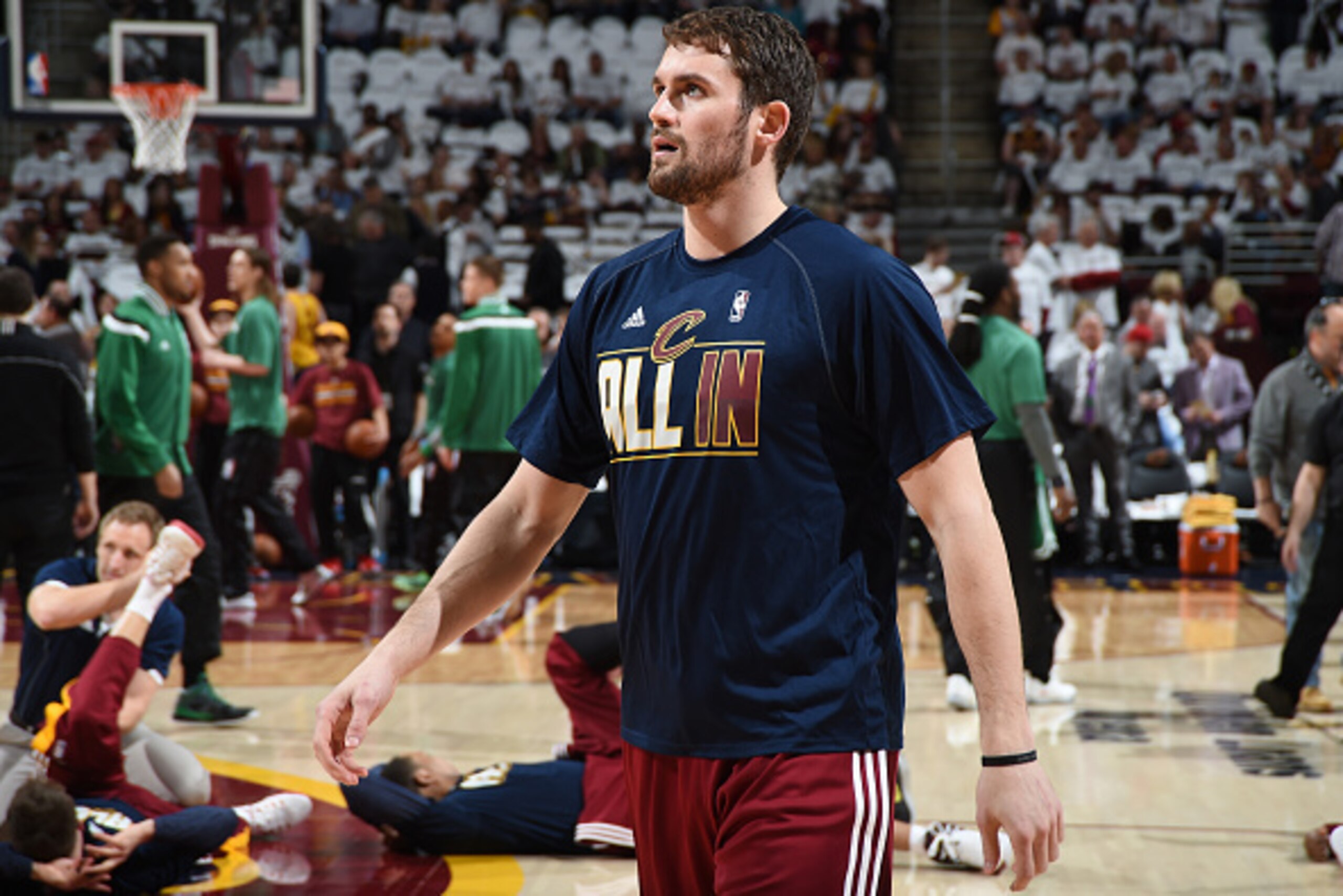 CLEVELAND, OH - APRIL 21:  Kevin Love #0 of the Cleveland Cavaliers warms up before Game Two of the Eastern Conference Quarterfinals against the Boston Celtics during the 2015 NBA Playoffs on April 21, 2015 at Quicken Loans Arena in Cleveland, Ohio. NOTE 