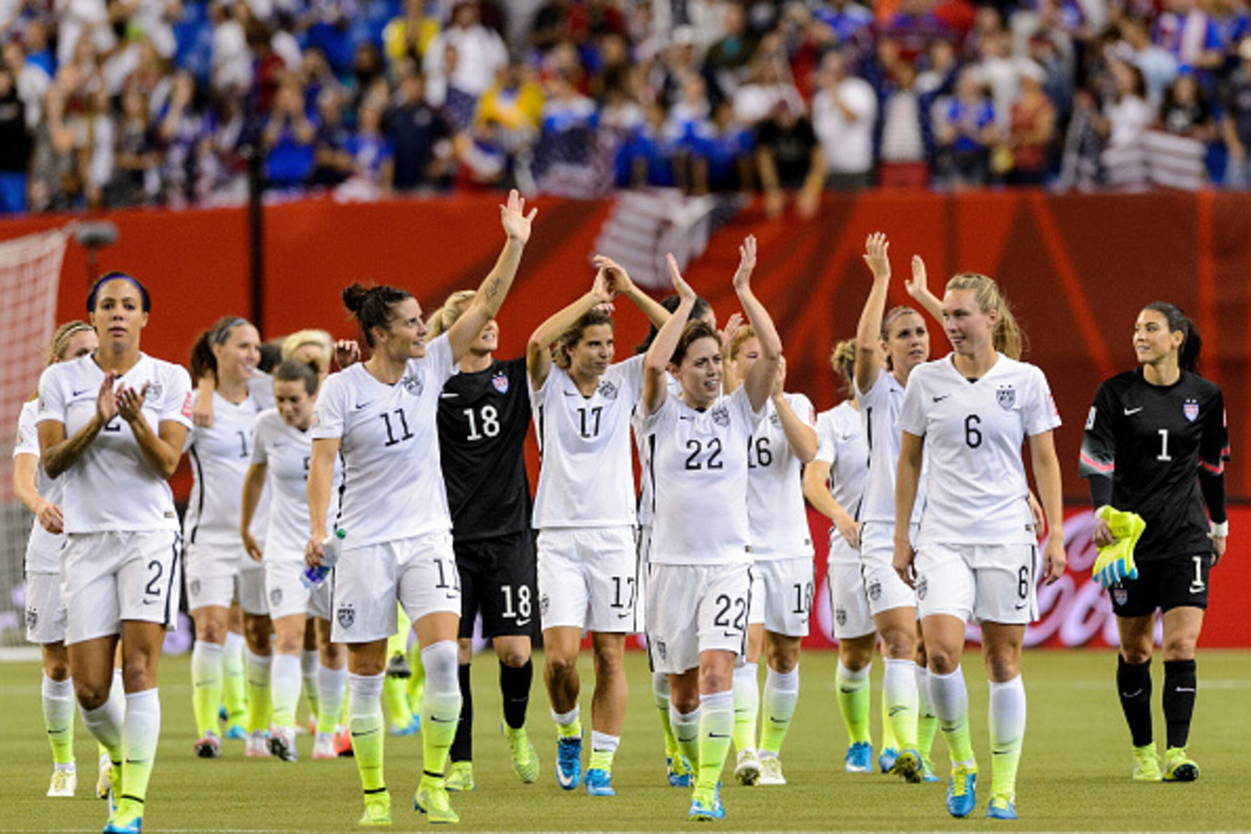 MONTREAL, QC - JUNE 30: The United States celebrates the 2-0 victory against Germany in the FIFA Women's World Cup 2015 Semi-Final Match at Olympic Stadium on June 30, 2015 in Montreal, Canada. (Photo by Minas Panagiotakis/Getty Images) MONTREAL, QC - JUNE 30: The United States celebrates the 2-0 victory against Germany in the FIFA Women's World Cup 2015 Semi-Final Match at Olympic Stadium on June 30, 2015 in Montreal, Canada. (Photo by Minas Panagiotakis/Getty Images)
