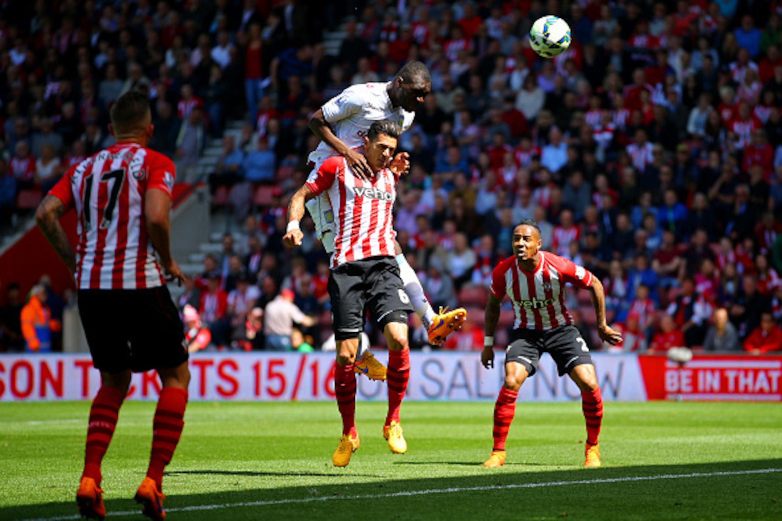 SOUTHAMPTON, ENGLAND - MAY 16: Christian Benteke of Aston Villa heads in their first goal during the Barclays Premier League match between Southampton and Aston Villa at St Mary's Stadium on May 16, 2015 in Southampton, England. (Photo by Richard Heathc SOUTHAMPTON, ENGLAND - MAY 16: Christian Benteke of Aston Villa heads in their first goal during the Barclays Premier League match between Southampton and Aston Villa at St Mary's Stadium on May 16, 2015 in Southampton, England. (Photo by Richard Heathc