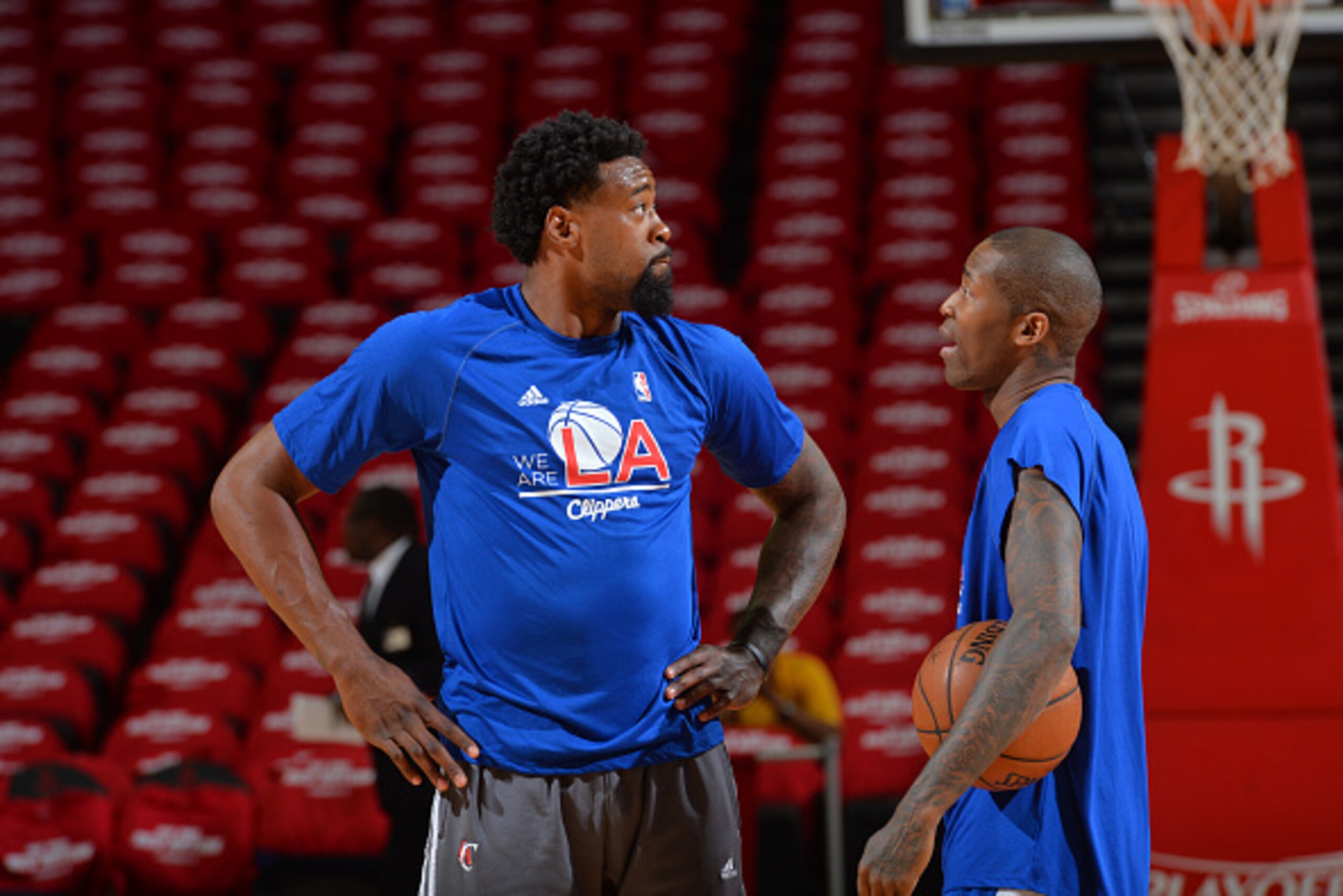 HOUSTON,TX : DeAndre Jordan #6 and Jamal Crawford  #11of the Los Angeles Clippers chat prior to the game against the Houston Rockets at the Toyota Center During Game Two of the Western Conference Semifinals during the 2015 NBA Playoffs on May 6, 2015 in H