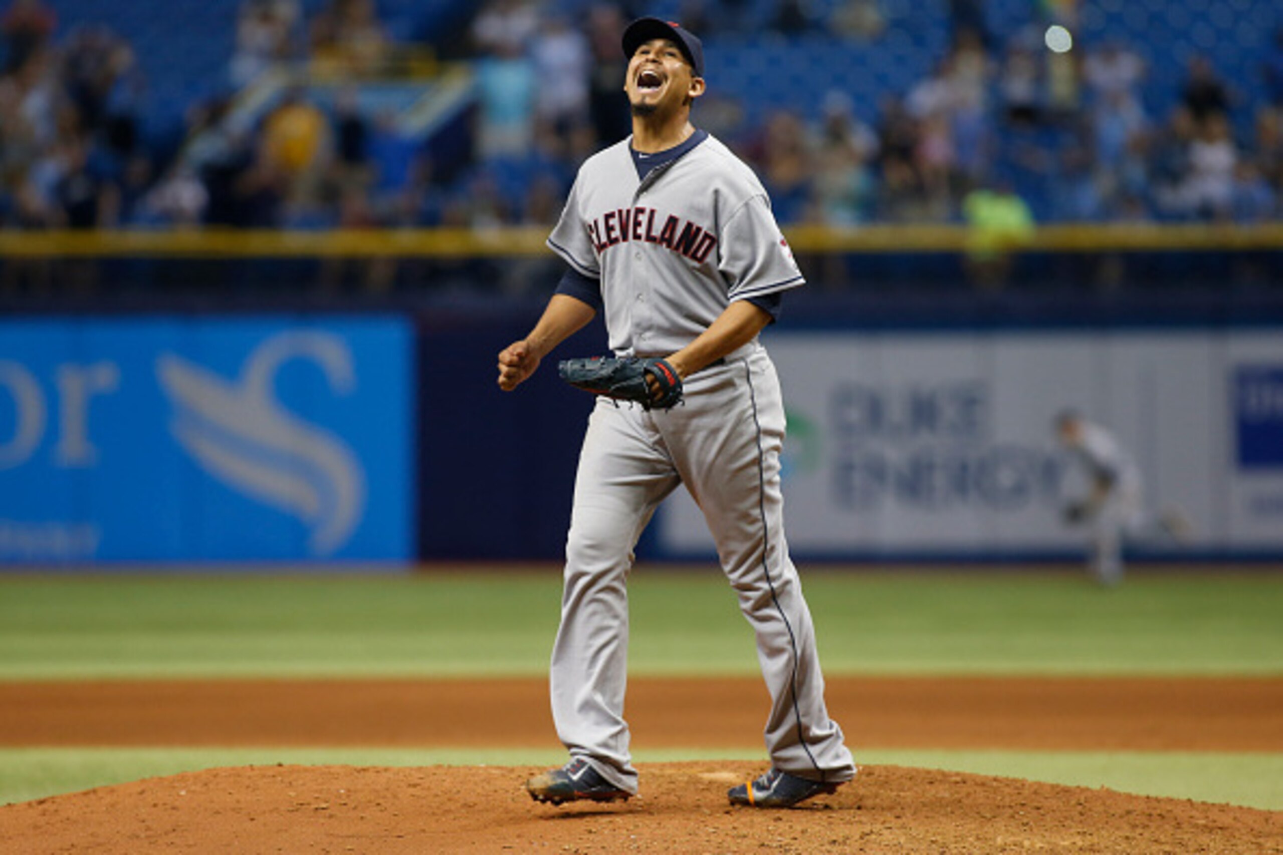 ST. PETERSBURG, FL - JULY 1:  Pitcher Carlos Carrasco #59 of the Cleveland Indians reacts on the mound after giving up a single to Joey Butler of the Tampa Bay Rays on a 0-2 count with two outs to break up the no-hitter during the bottom of the ninth inni