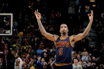 CLEVELAND, OH - FEBRUARY 26: J.R. Smith #5 of the Cleveland Cavaliers celebrates during a game against the Golden State Warriors at The Quicken Loans Arena on February 26, 2015 in Cleveland, Ohio. NOTE TO USER: User expressly acknowledges and agrees that,