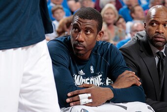 DALLAS, TX - APRIL 24:  Amar'e Stoudemire #1 of the Dallas Mavericks sits on the bench during Game Three of the Western Conference Quarterfinals during the 2015 NBA Playoffs against the Houston Rockets on April 24, 2015 at the American Airlines Center in 