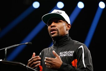 LAS VEGAS, NV - MAY 02:  Floyd Mayweather Jr. addresses the media during the post-fight news conference after his unanimous decision victory against Manny Pacquiao in their welterweight unification championship bout on May 2, 2015 at MGM Grand Garden Aren