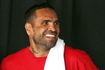 SYDNEY, AUSTRALIA - JANUARY 30:  Anthony Mundine smiles during the weigh in ahead of Footy Show Fight Night at Allphones Arena on January 30, 2015 in Sydney, Australia.  (Photo by Mark Metcalfe/Getty Images)