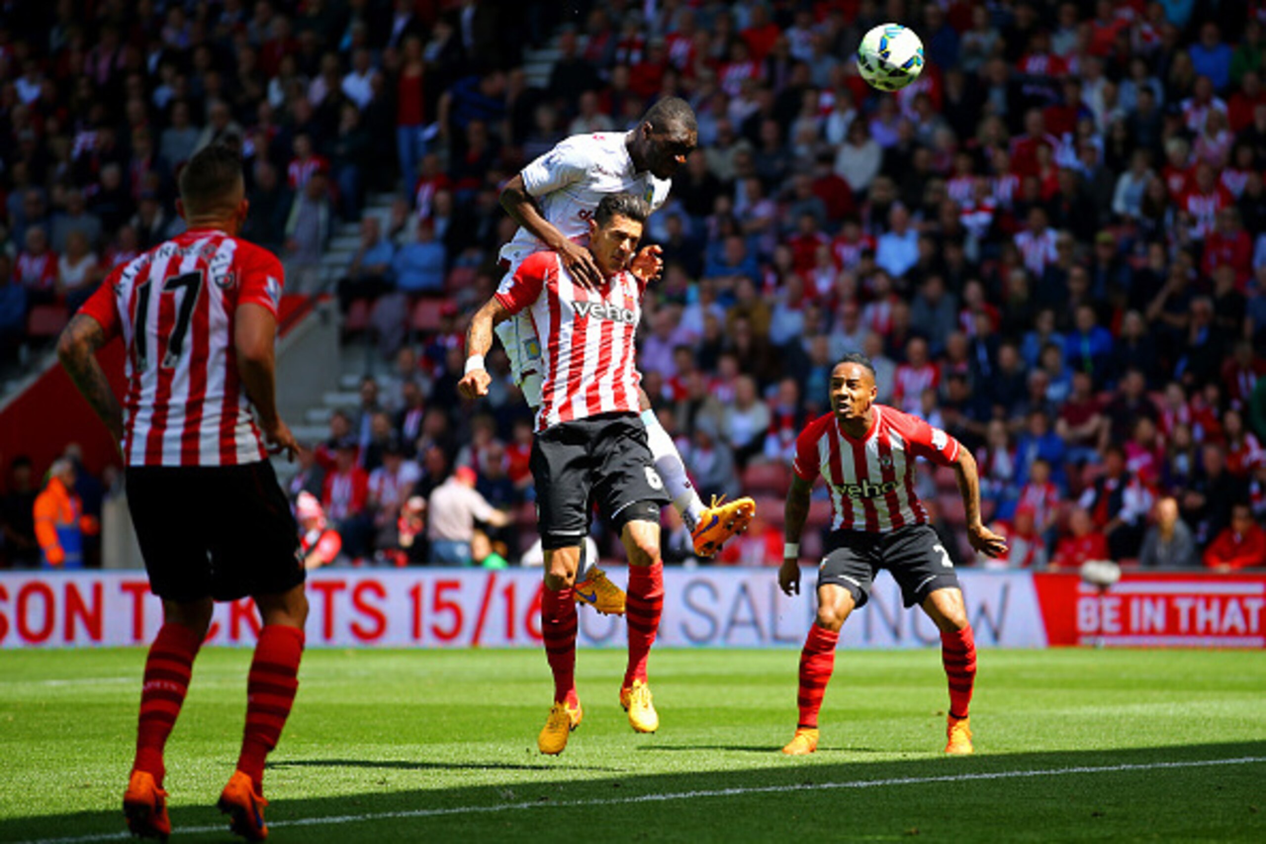 SOUTHAMPTON, ENGLAND - MAY 16: Christian Benteke of Aston Villa heads in their first goal during the Barclays Premier League match between Southampton and Aston Villa at St Mary's Stadium on May 16, 2015 in Southampton, England. (Photo by Richard Heathc SOUTHAMPTON, ENGLAND - MAY 16: Christian Benteke of Aston Villa heads in their first goal during the Barclays Premier League match between Southampton and Aston Villa at St Mary's Stadium on May 16, 2015 in Southampton, England. (Photo by Richard Heathc