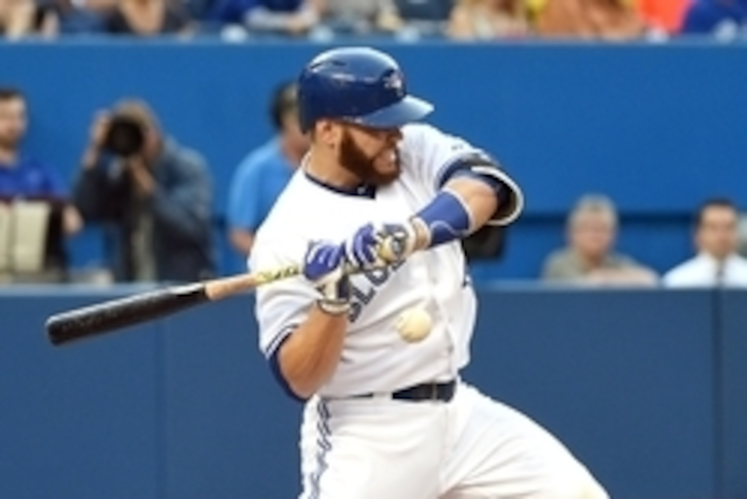 Jun 29, 2015; Toronto, Ontario, CAN;  Toronto Blue Jays catcher Russell Martin (55) is struck by a pitch from Boston Red Sox pitcher Clay Buchholz (not pictured) in the second inning at Rogers Centre. Mandatory Credit: Dan Hamilton-USA TODAY Sports