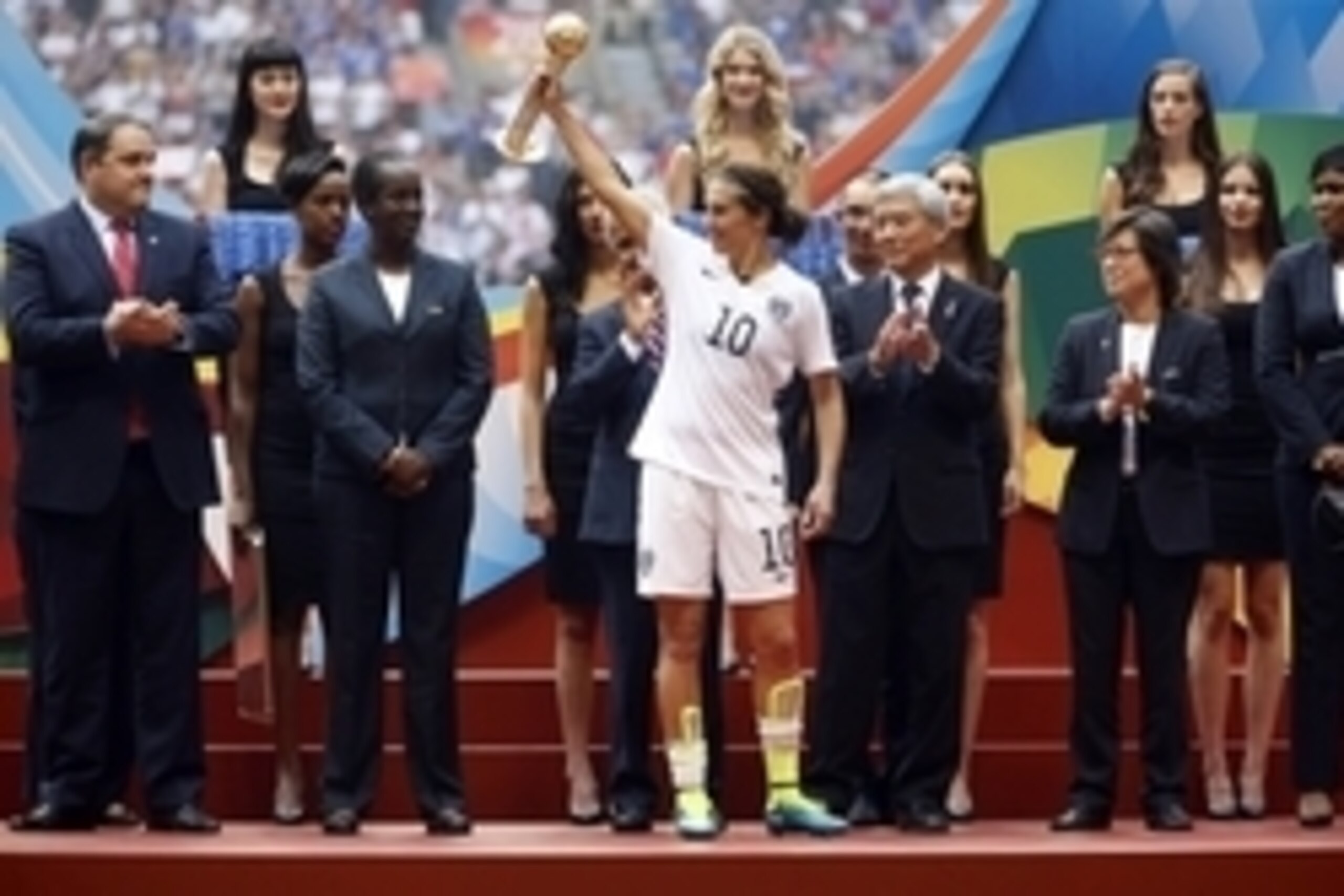 Jul 5, 2015; Vancouver, British Columbia, CAN; United States midfielder Carli Lloyd (10) is awarded the 2015 Golden Ball after defeating Japan in the final of the FIFA 2015 Women's World Cup at BC Place Stadium. United States won 5-2. Mandatory Credit: Mi
