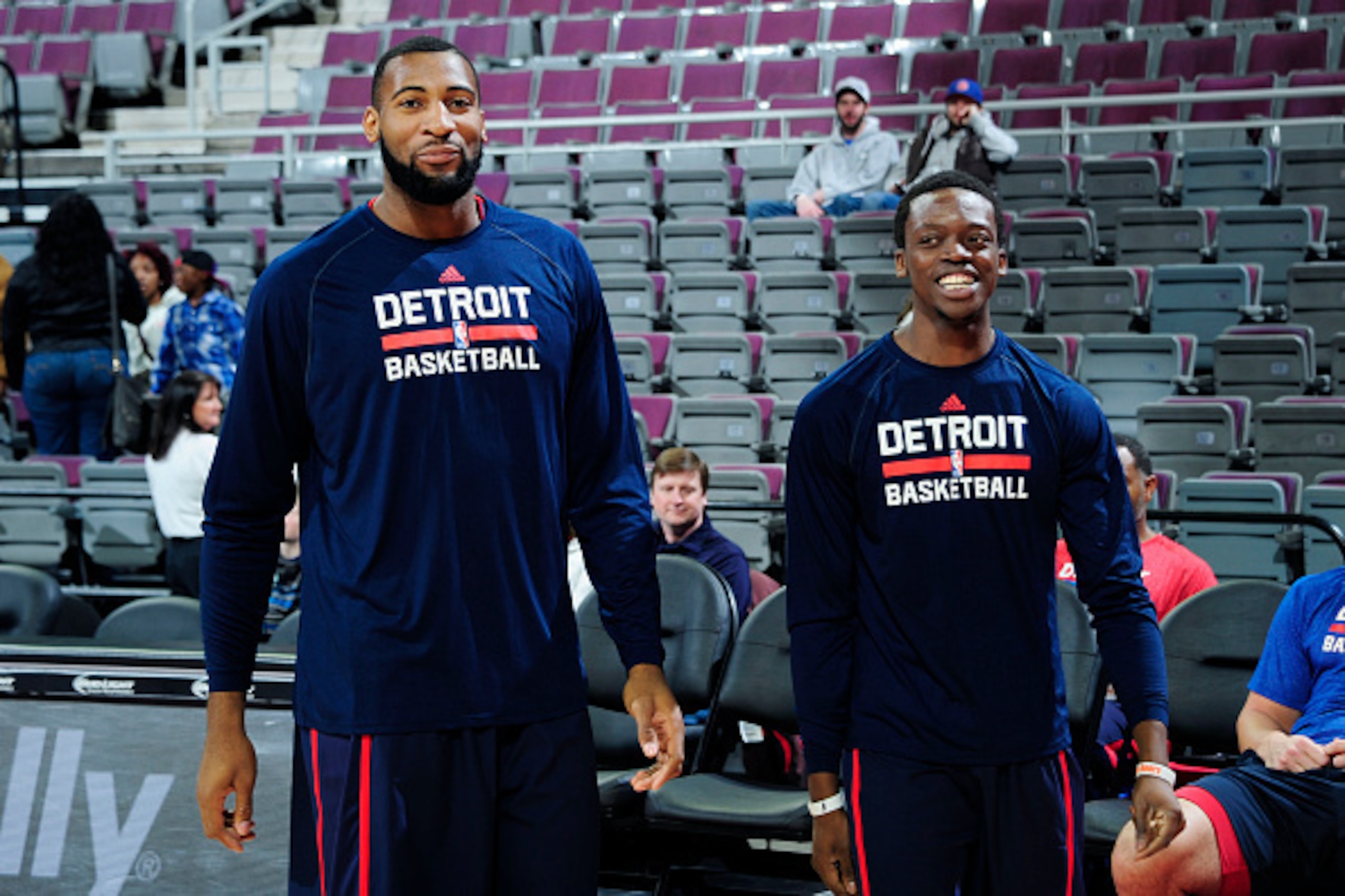 DETROIT, MI - FEBRUARY 22: Andre Drummond #0 and Reggie Jackson of the Detroit Pistons warm up before the game against the Washington Wizards on February 22, 2015 at Palace of Auburn Hills in Detroit, Michigan. NOTE TO USER: User expressly acknowledges an