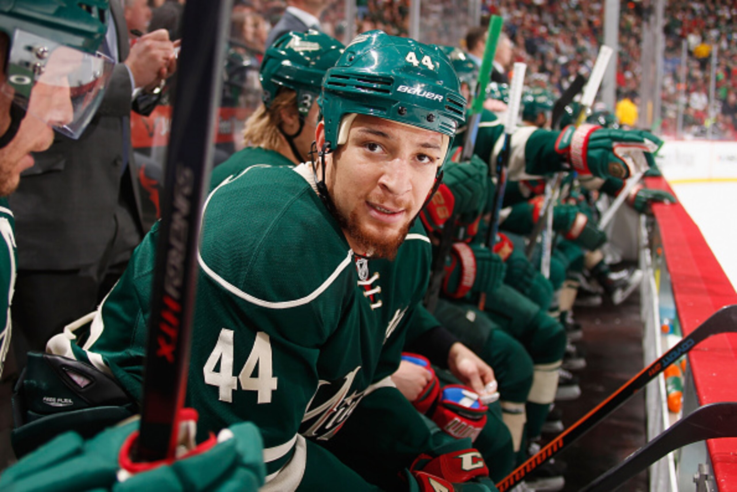 ST. PAUL, MN - APRIL 26: Chris Stewart #44 of the Minnesota Wild watches from the bench in Game Six of the Western Conference Quarterfinals during the 2015 NHL Stanley Cup Playoffs against the St. Louis Blues on April 26, 2015 at the Xcel Energy Center in