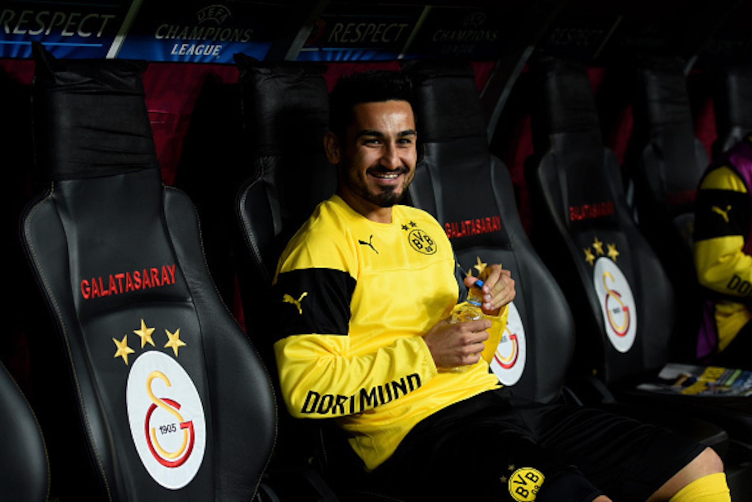 ISTANBUL, TURKEY - OCTOBER 22:  Substitute Ilkay Gundogan of Borussia Dortmund looks on from the bench during UEFA Champions League Group D match between Galatasaray and Borussia Dortmund at Turk Telekom Arena on October 22, 2014 in Istanbul, Turkey.  (Ph