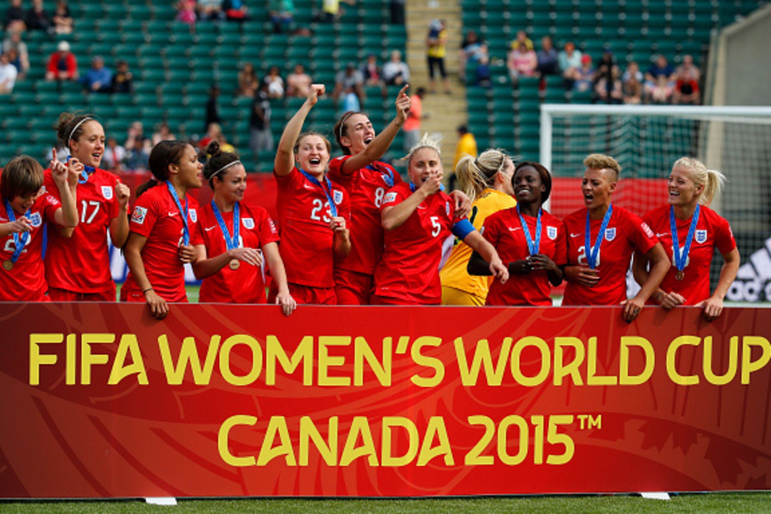 EDMONTON, AB - JULY 4: Team members from England react to their win over Germany during the FIFA Women's World Cup Canada 3rd Place Play-off match between England and Germany at Commonwealth Stadium on July 4, 2015 in Edmonton, Alberta, Canada. (Photo by EDMONTON, AB - JULY 4: Team members from England react to their win over Germany during the FIFA Women's World Cup Canada 3rd Place Play-off match between England and Germany at Commonwealth Stadium on July 4, 2015 in Edmonton, Alberta, Canada. (Photo by