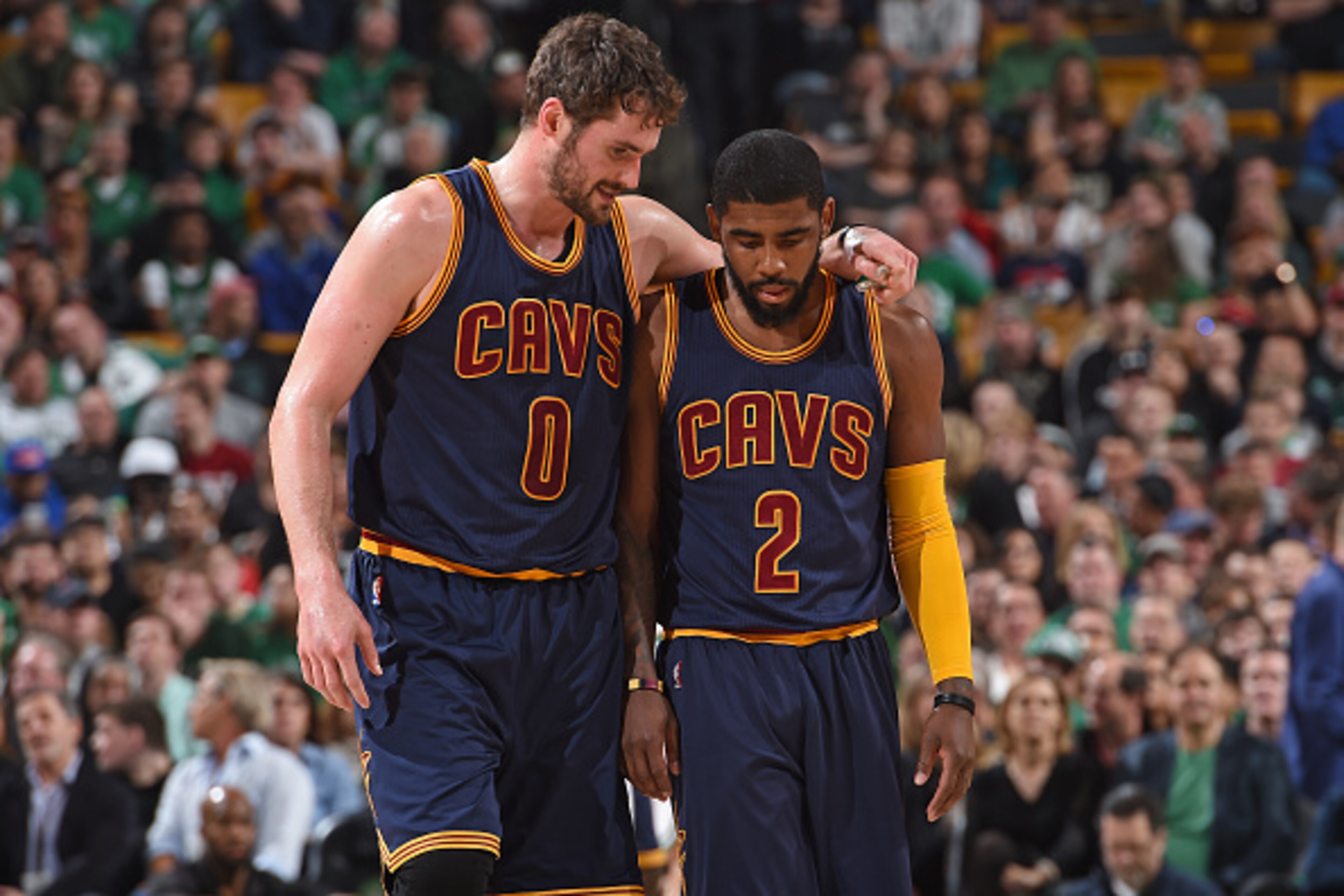 BOSTON, MA - APRIL 26:  Kevin Love #0 and Kyrie Irving #2 of the Cleveland Cavaliers talk in the game against the Boston Celtics during Game Four of the Eastern Conference Quarterfinals during the 2015 NBA Playoffs on April 26, 2015 at TD Garden in Boston