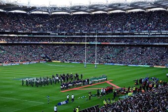 DUBLIN, IRELAND - MARCH 20: Teams line up before  the RBS Six Nations match between Ireland and Scotland at Croke Park on March 20, 2010 in Dublin, Ireland.  (Photo by Laurence Griffiths/Getty Images)