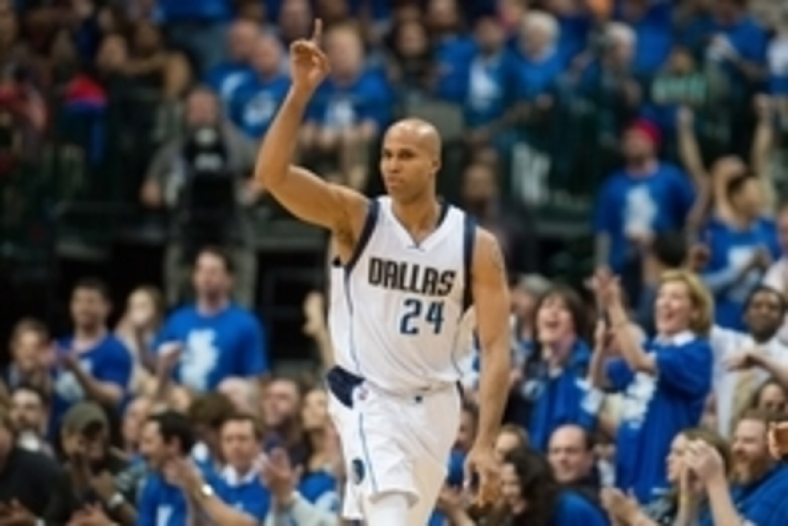 Apr 26, 2015; Dallas, TX, USA; Dallas Mavericks forward Richard Jefferson (24) celebrates making a three point shot during the game against the Houston Rockets in game four of the first round of the NBA Playoffs at American Airlines Center. The Mavericks 