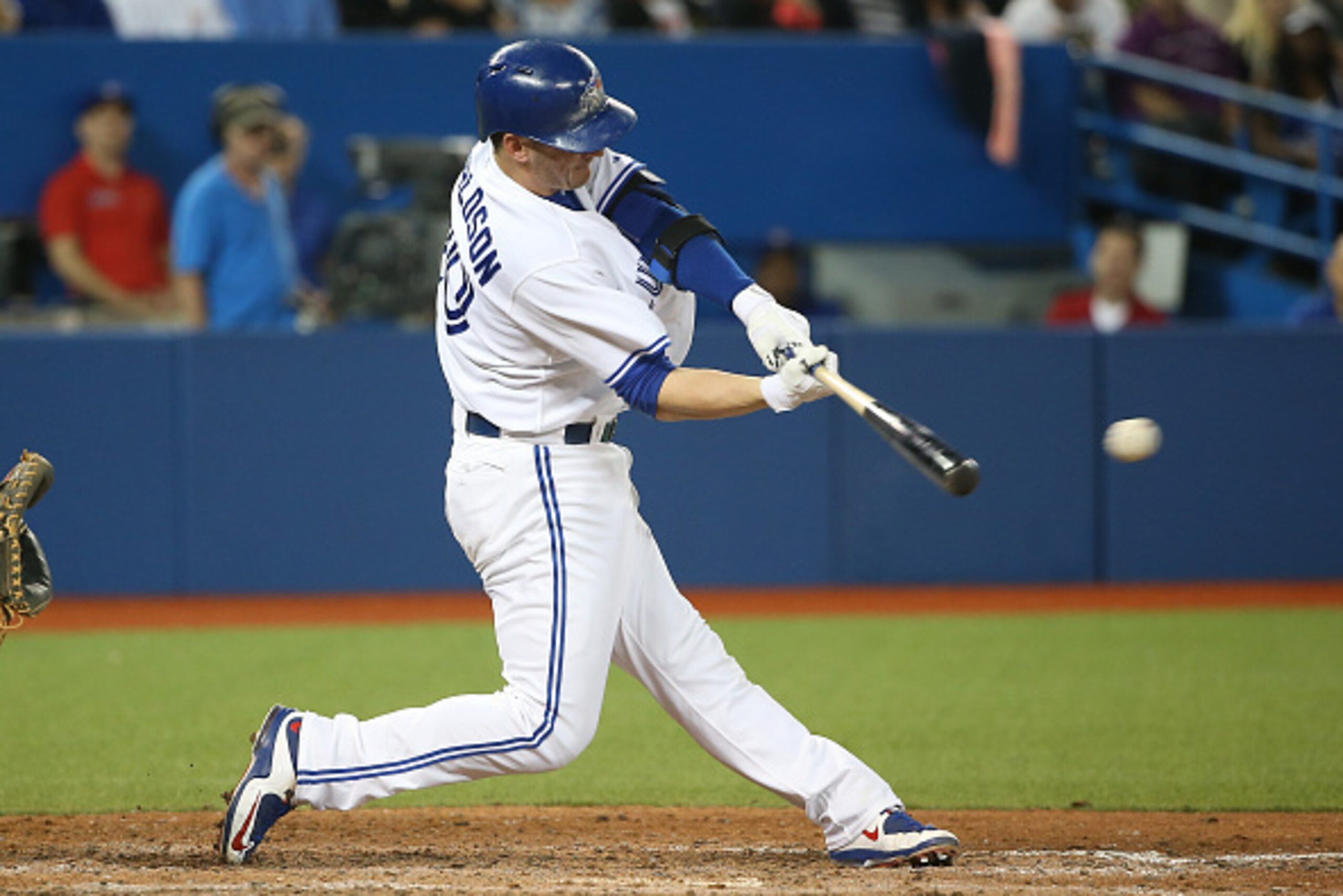TORONTO, CANADA - JUNE 8: Josh Donaldson #20 of the Toronto Blue Jays hits a two-run single in the seventh inning during MLB game action against the Miami Marlins on June 8, 2015 at Rogers Centre in Toronto, Ontario, Canada. (Photo by Tom Szczerbowski/Get