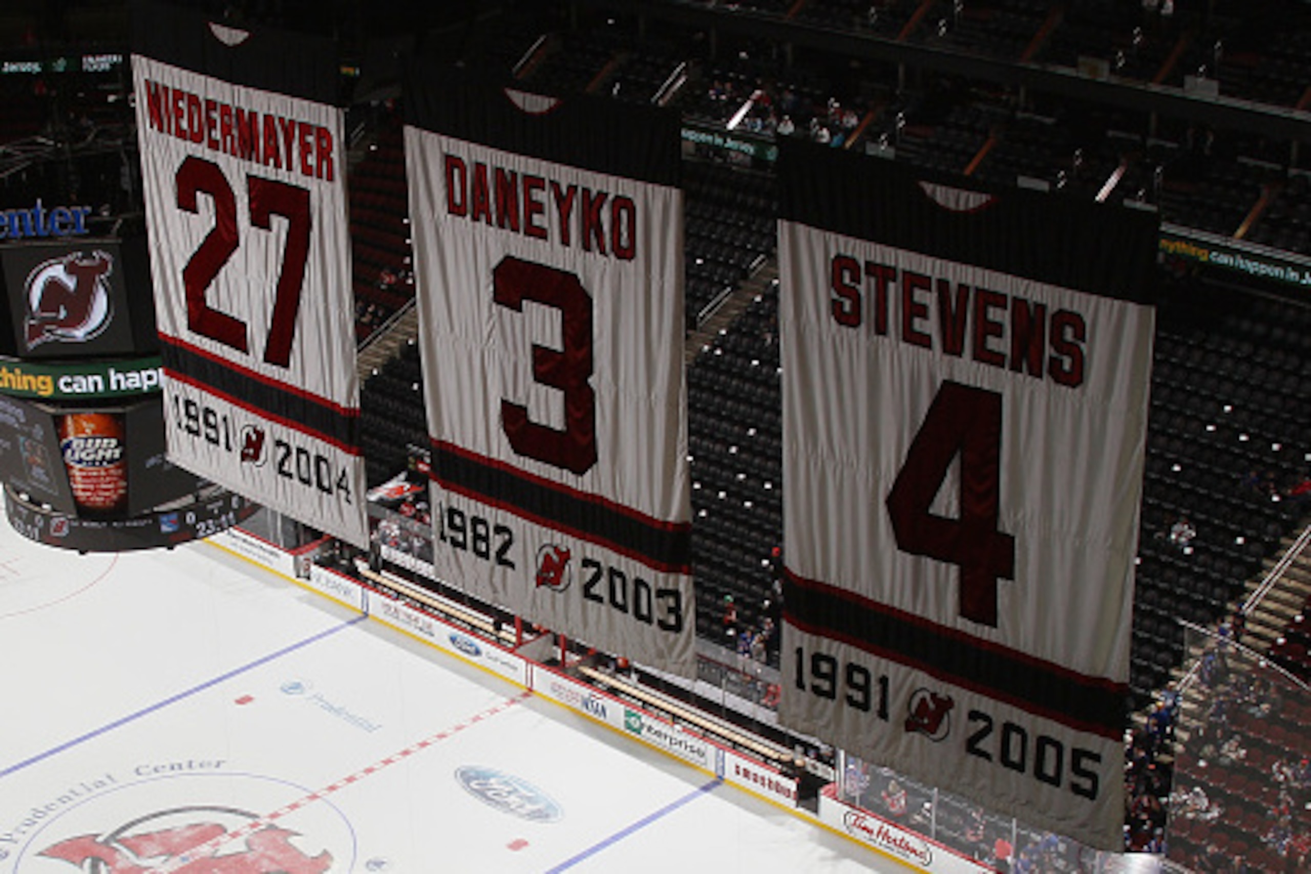 NEWARK, NJ - APRIL 07: Banners for retired New Jersey Devils players hang from the rafters prior to the game against the New York Rangers at the Prudential Center on April 7, 2015 in Newark, New Jersey.  (Photo by Bruce Bennett/Getty Images)