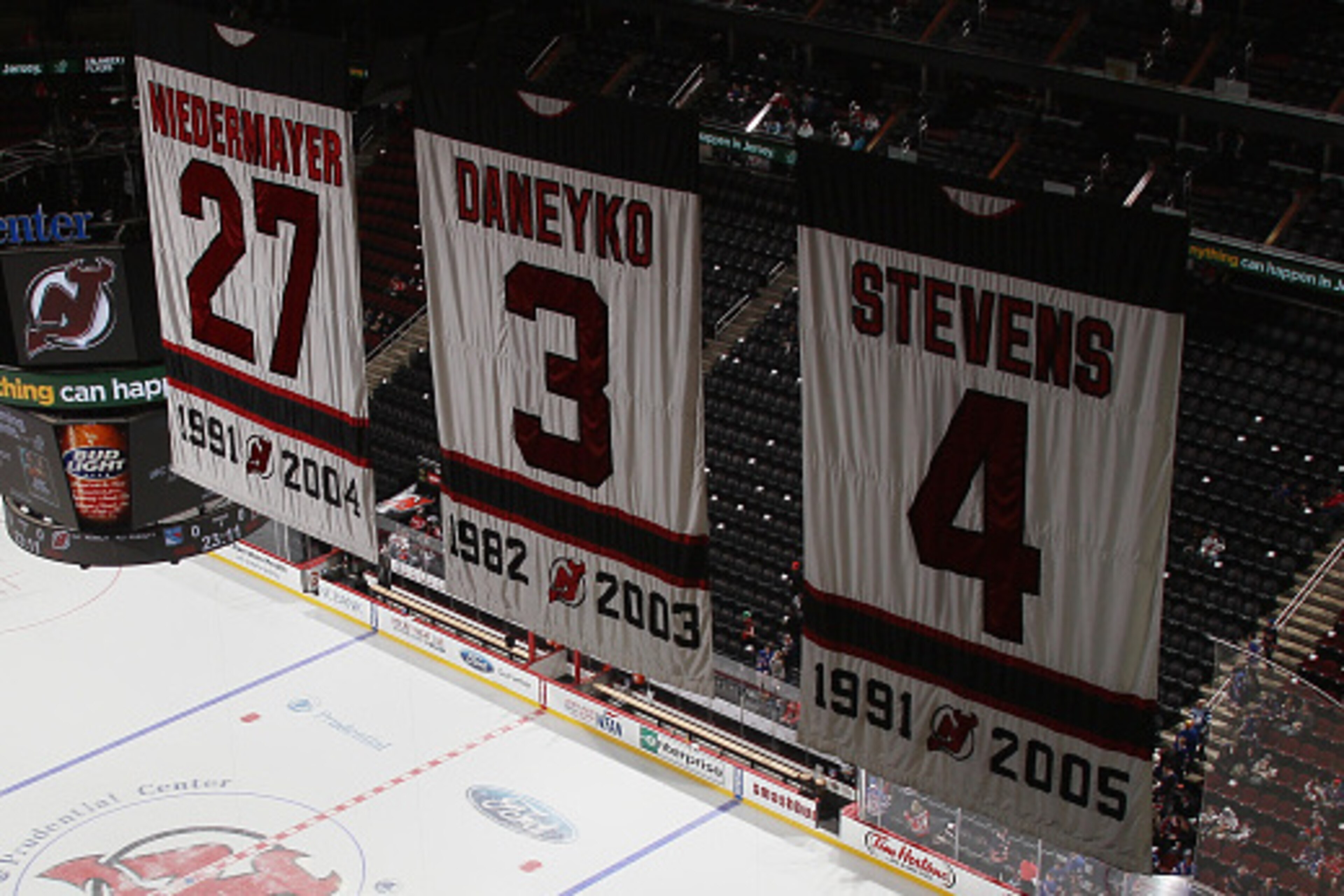 NEWARK, NJ - APRIL 07: Banners for retired New Jersey Devils players hang from the rafters prior to the game against the New York Rangers at the Prudential Center on April 7, 2015 in Newark, New Jersey.  (Photo by Bruce Bennett/Getty Images)