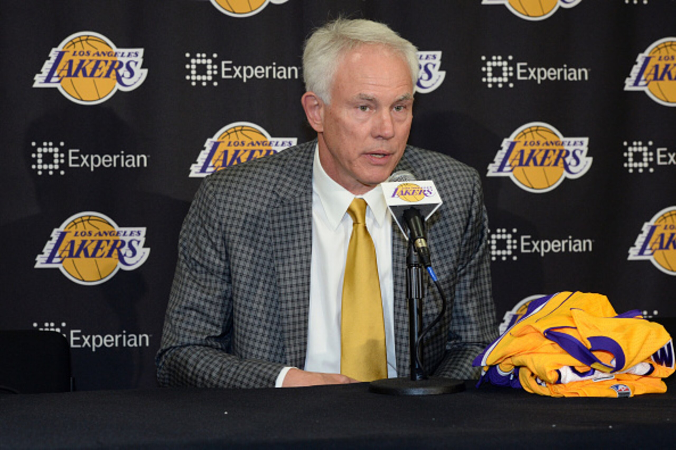 EL SEGUNDO, CA - JUNE 29:  Los Angeles Lakers GM Mitch Kupchak attends a press conference introducing draft picks at Toyota Sports Center on June 29, 2015 in El Segundo California.  NOTE TO USER: User expressly acknowledges and agrees that, by downloading