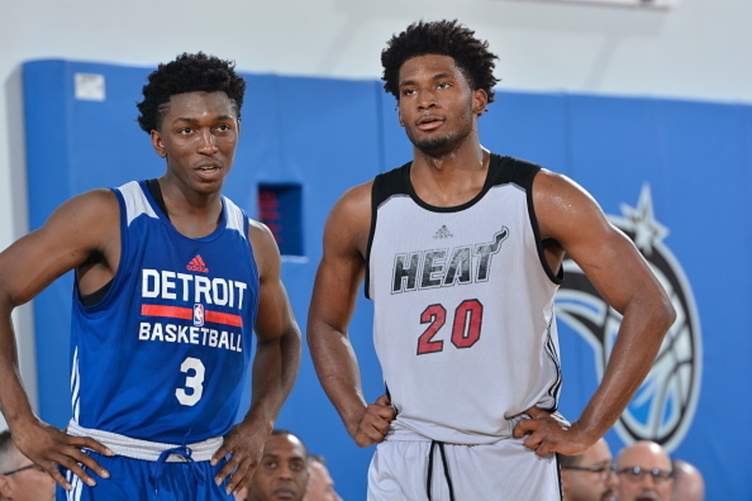 ORLANDO, FL - JULY 6:  Stanley Johnson #3 of the Detroit Pistons talks with Justise Winslow #20 of the Miami Heat during the 2015 Orlando Pro Summer League game on July 6, 2015 at Amway Center in Orlando, Florida. NOTE TO USER: User expressly acknowledges