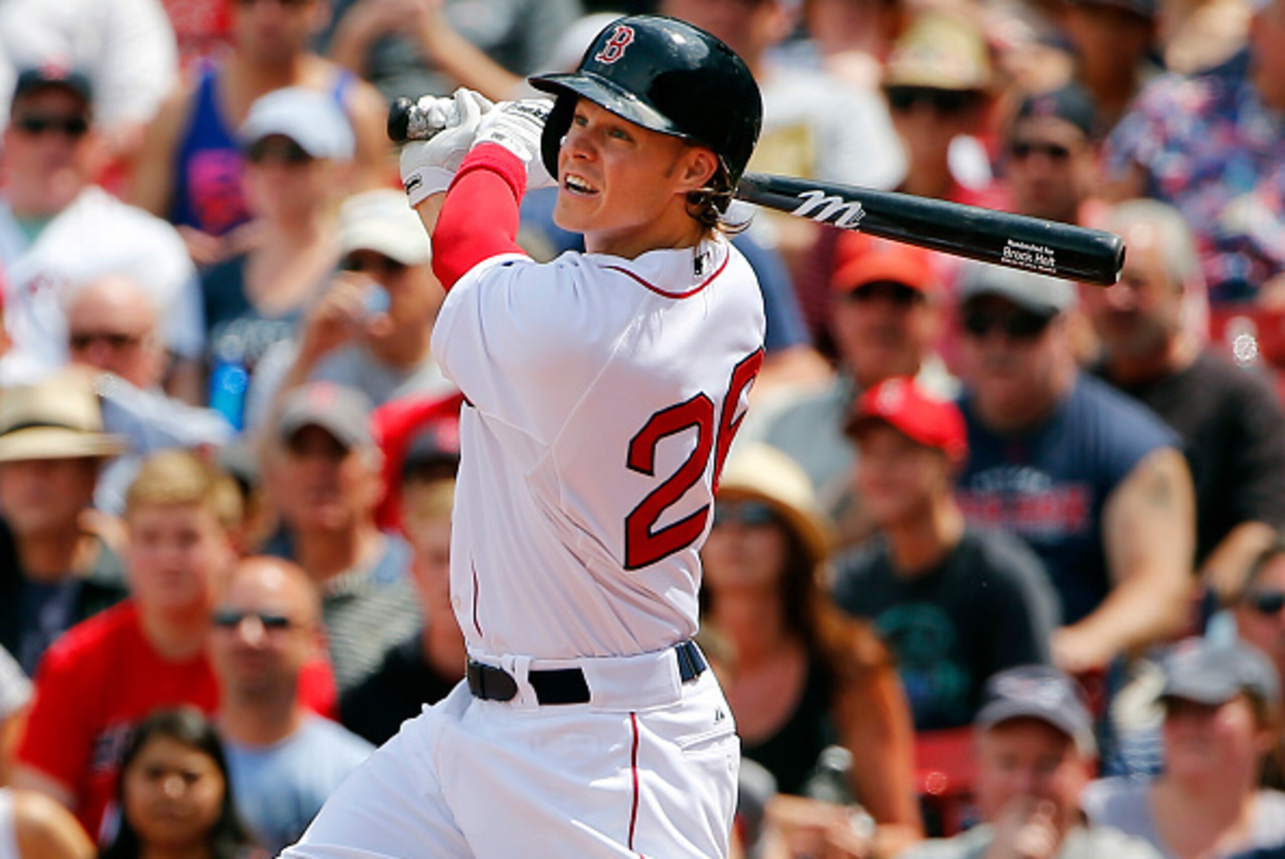 BOSTON, MA - JUNE 25:  Brock Holt #26 of the Boston Red Sox during the fourth inning in a game against the Baltimore Orioles at Fenway Park on June 25, 2015 in Boston, Massachusetts.  (Photo by Winslow Townson/Getty Images)