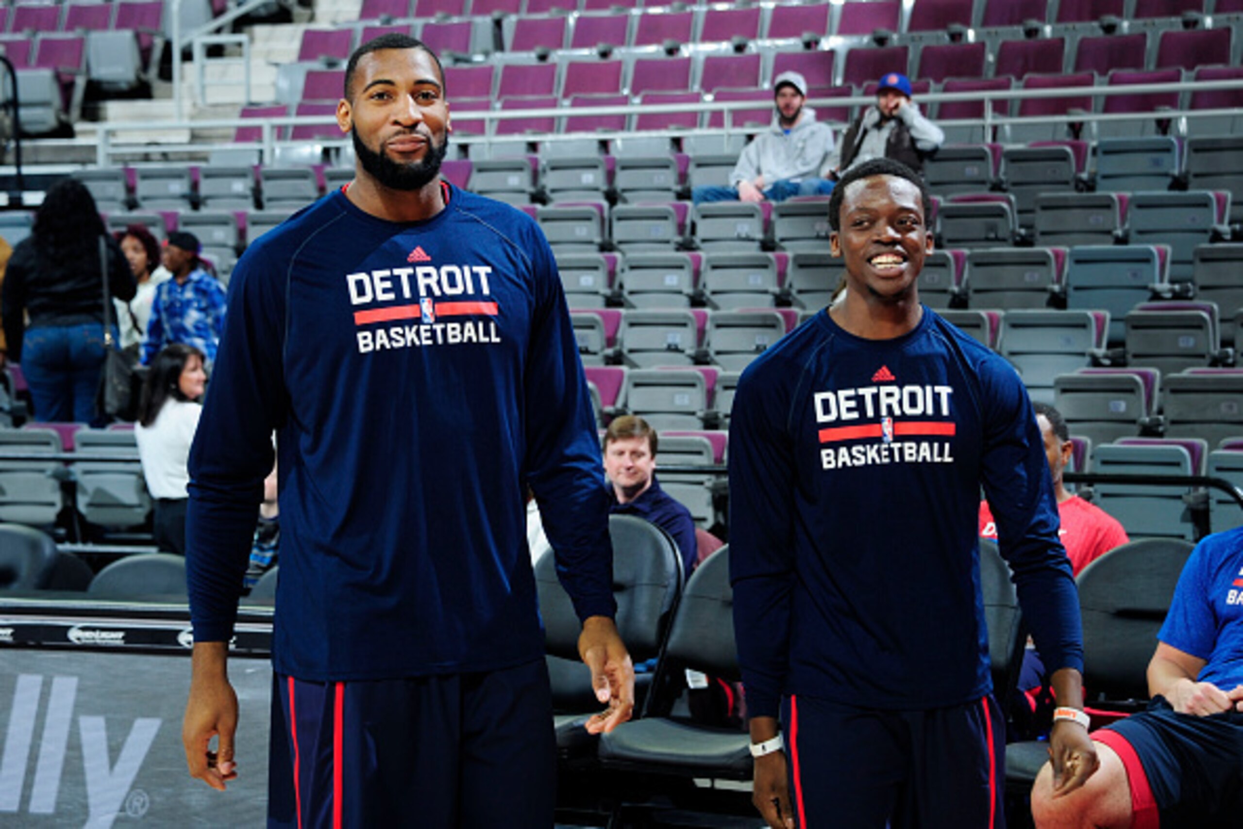 DETROIT, MI - FEBRUARY 22: Andre Drummond #0 and Reggie Jackson of the Detroit Pistons warm up before the game against the Washington Wizards on February 22, 2015 at Palace of Auburn Hills in Detroit, Michigan. NOTE TO USER: User expressly acknowledges an