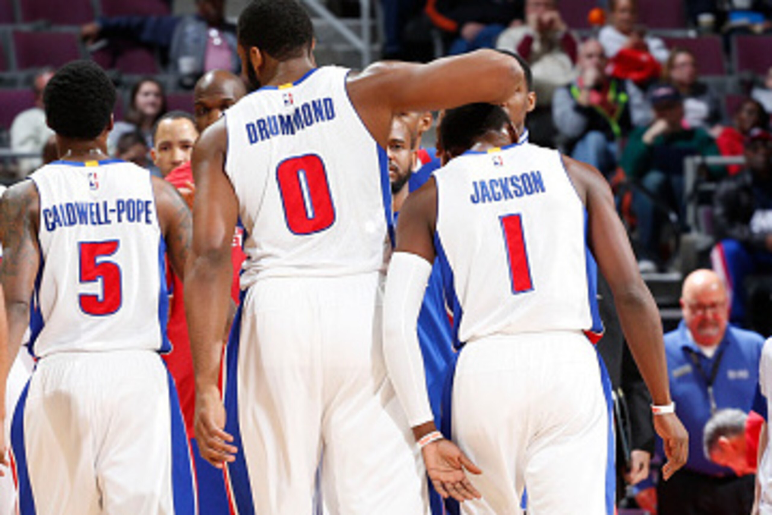 AUBURN HILLS, MI - APRIL 4: Caron Butler #31, Kentavious Caldwell-Pope #5, Andre Drummond #0 and Reggie Jackson #1 of the Detroit Pistons during the game against the Miami Heat on April 4, 2015 at The Palace of Auburn Hills in Auburn Hills, Michigan. NOTE