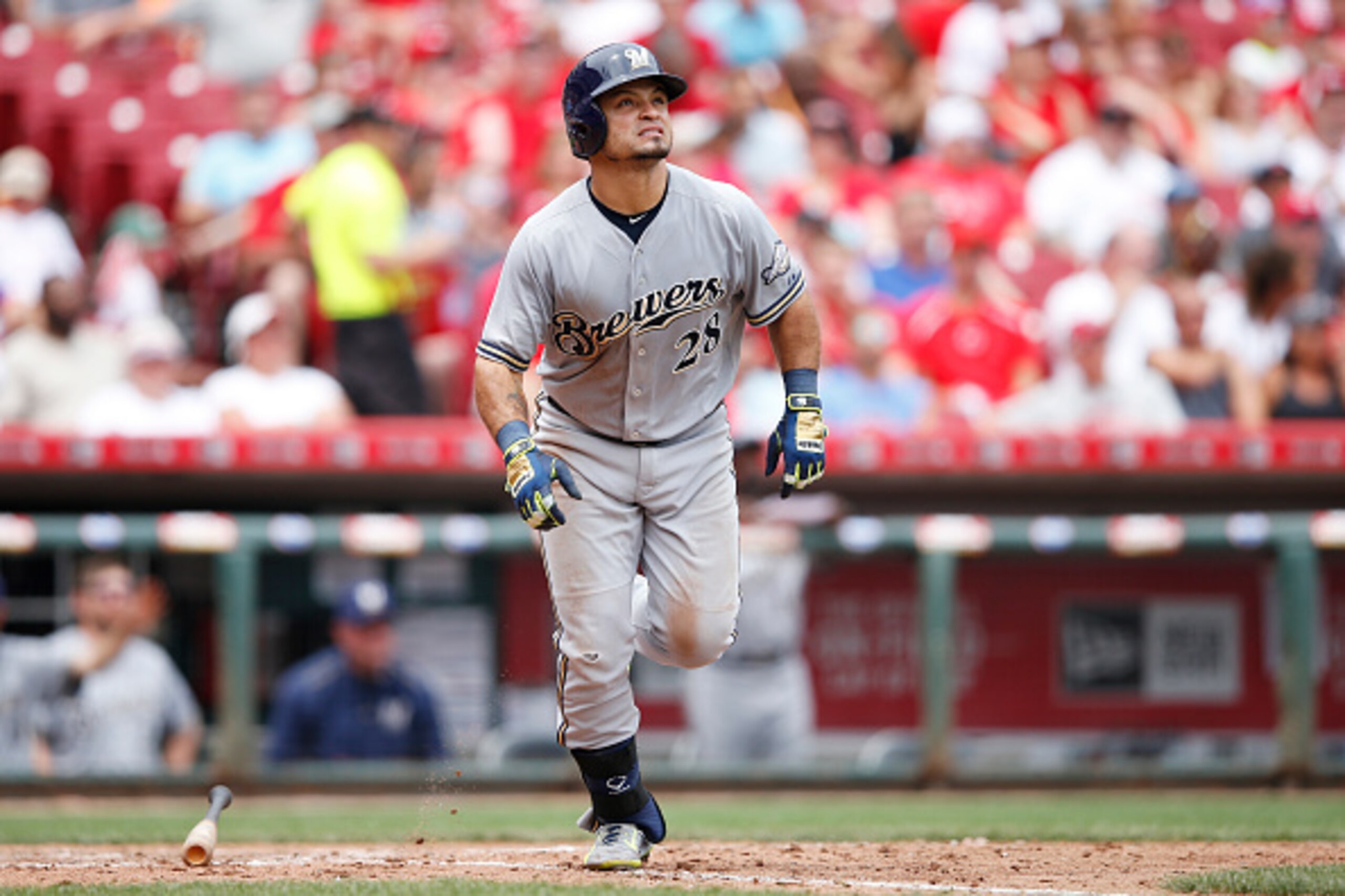 CINCINNATI, OH - JULY 5: Gerardo Parra #28 of the Milwaukee Brewers watches his solo home run in the seventh inning against the Cincinnati Reds at Great American Ball Park on July 5, 2015 in Cincinnati, Ohio. The Brewers defeated the Reds 6-1. (Photo by J