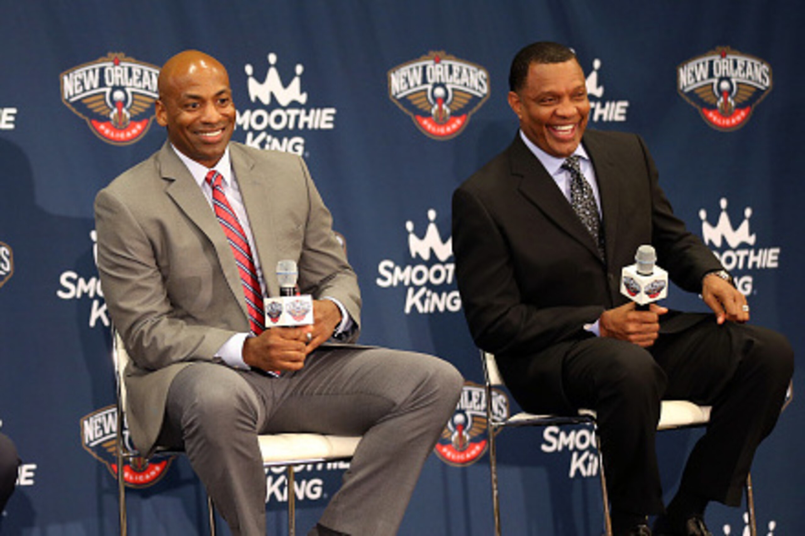 NEW ORLEANS, LA - JUNE 22:  New Orleans Pelicans head coach Alvin Gentry speaks to the media after Pelicans Executive Vice President Mickey Loomis and Senior Vice President of Basketball Operations/General Manager Dell Demps made the official announcement