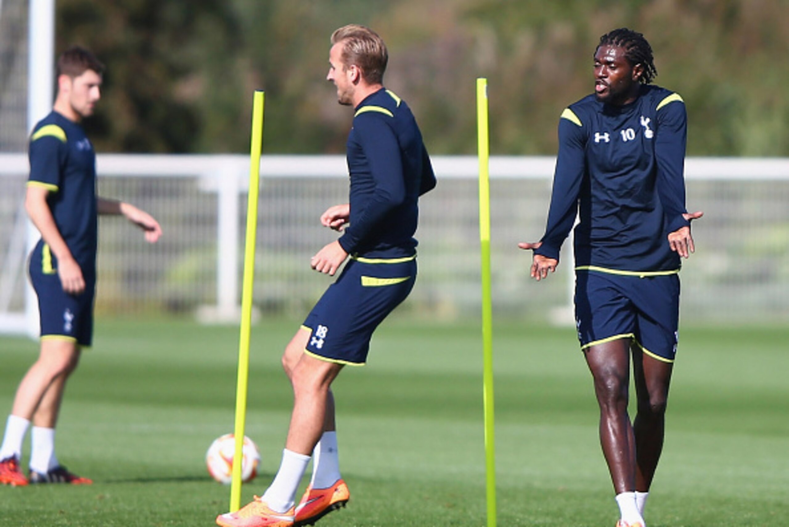 LONDON, ENGLAND - OCTOBER 01:  Emmanuel Adebayor of Tottenham Hotspur in action during a Tottenham Hotspur training session on October 1, 2014 in London, United Kingdom.  (Photo by Ian Walton/Getty Images)