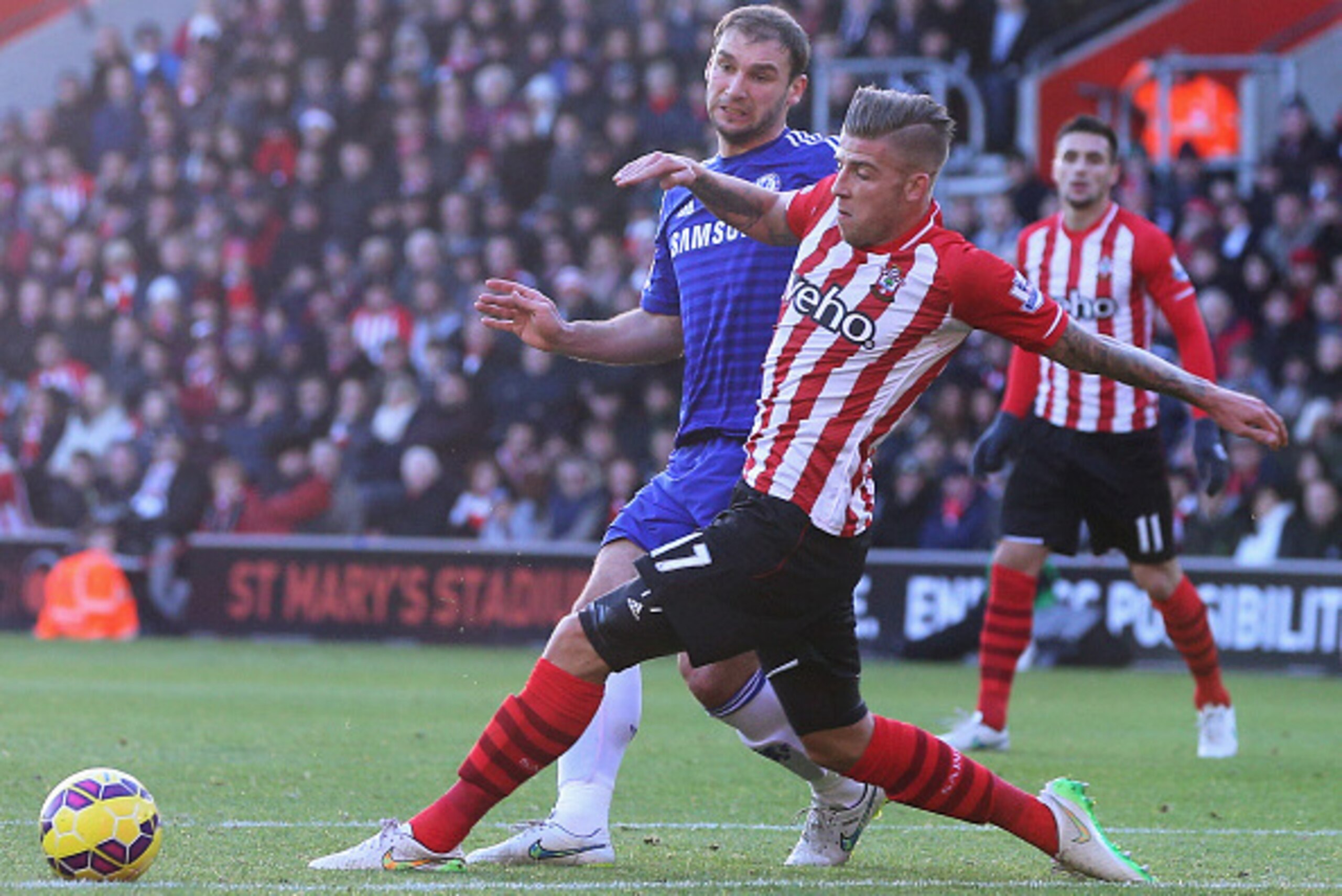 SOUTHAMPTON, ENGLAND - DECEMBER 28: Branislav Ivanovic of Chelsea is tackled by Toby Alderweireld of Southampton during the Barclays Premier League match between Southampton and Chelsea at St Mary's Stadium on December 28, 2014 in Southampton, England. ( SOUTHAMPTON, ENGLAND - DECEMBER 28: Branislav Ivanovic of Chelsea is tackled by Toby Alderweireld of Southampton during the Barclays Premier League match between Southampton and Chelsea at St Mary's Stadium on December 28, 2014 in Southampton, England. (