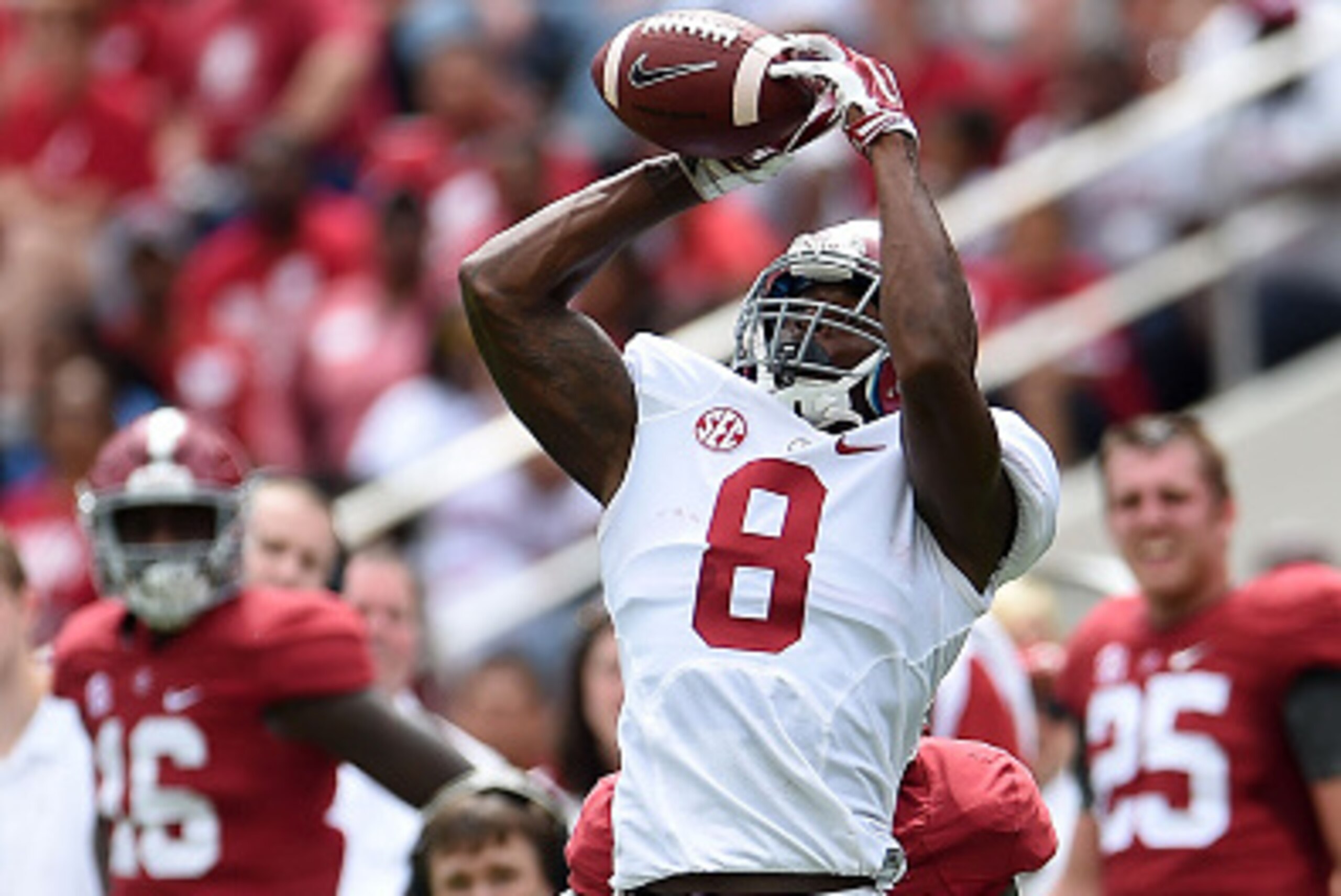 TUSCALOOSA, AL - APRIL 18: Robert Foster #8 of the White team catches a pass against the Crimson team during the University of Alabama A Day spring game at Bryant-Denny Stadium on April 18, 2015 in Tuscaloosa, Alabama. (Photo by Stacy Revere/Getty Image TUSCALOOSA, AL - APRIL 18: Robert Foster #8 of the White team catches a pass against the Crimson team during the University of Alabama A Day spring game at Bryant-Denny Stadium on April 18, 2015 in Tuscaloosa, Alabama. (Photo by Stacy Revere/Getty Image