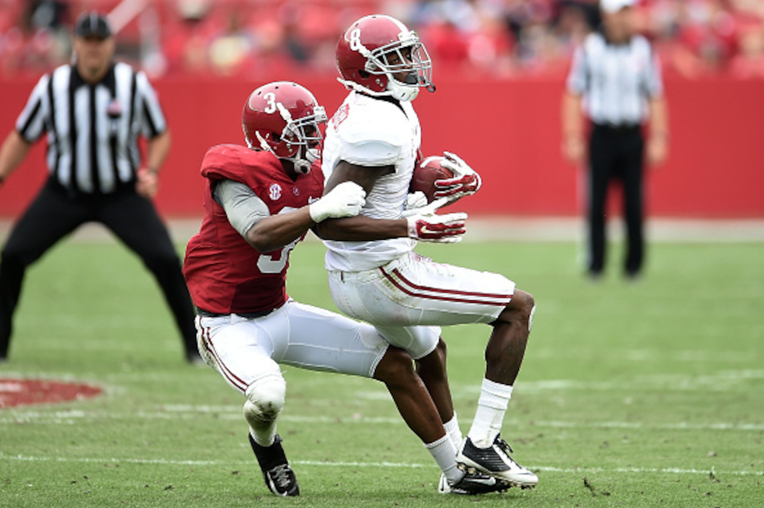 TUSCALOOSA, AL - APRIL 18: Robert Foster #8 of the White team is brought down by Bradley Sylve #3 of the Crimson team during the University of Alabama A Day spring game at Bryant-Denny Stadium on April 18, 2015 in Tuscaloosa, Alabama. (Photo by Stacy Re TUSCALOOSA, AL - APRIL 18: Robert Foster #8 of the White team is brought down by Bradley Sylve #3 of the Crimson team during the University of Alabama A Day spring game at Bryant-Denny Stadium on April 18, 2015 in Tuscaloosa, Alabama. (Photo by Stacy Re