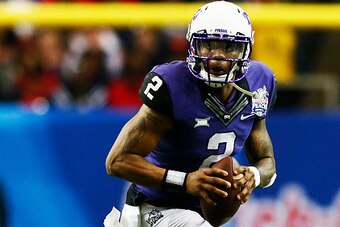 ATLANTA, GA - DECEMBER 31:  Trevone Boykin #2 of the TCU Horned Frogs looks to pass against the Ole Miss Rebels during the Chik-fil-A Peach Bowl at Georgia Dome on December 31, 2014 in Atlanta, Georgia.  (Photo by Kevin C. Cox/Getty Images)