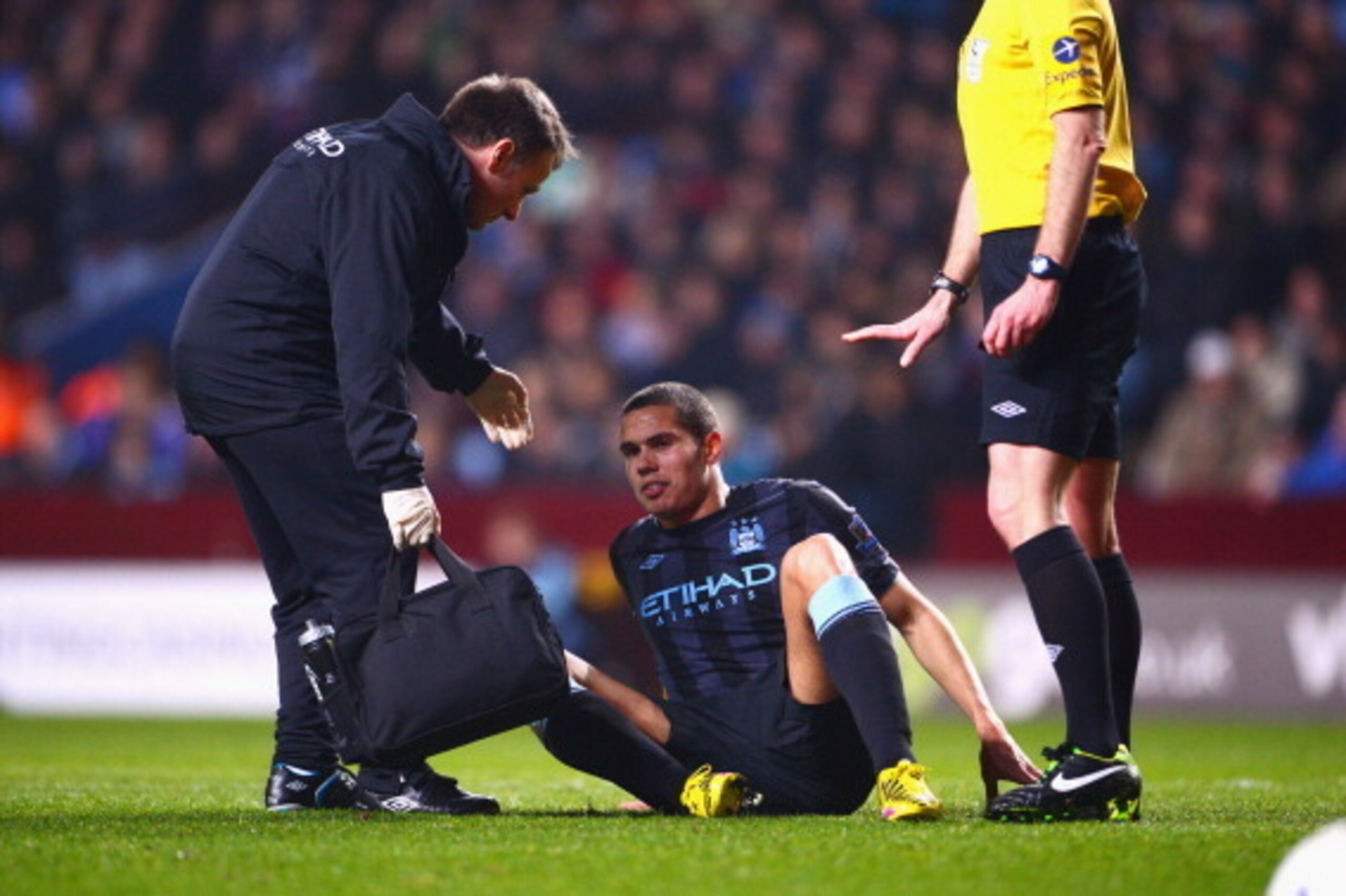 BIRMINGHAM, ENGLAND - MARCH 04:  Jack Rodwell of Manchester City lays injured before being substituted during the Barclays Premiership match between Aston Villa and Manchester City at Villa Park on March 4, 2013 in Birmingham, England.  (Photo by Michael 