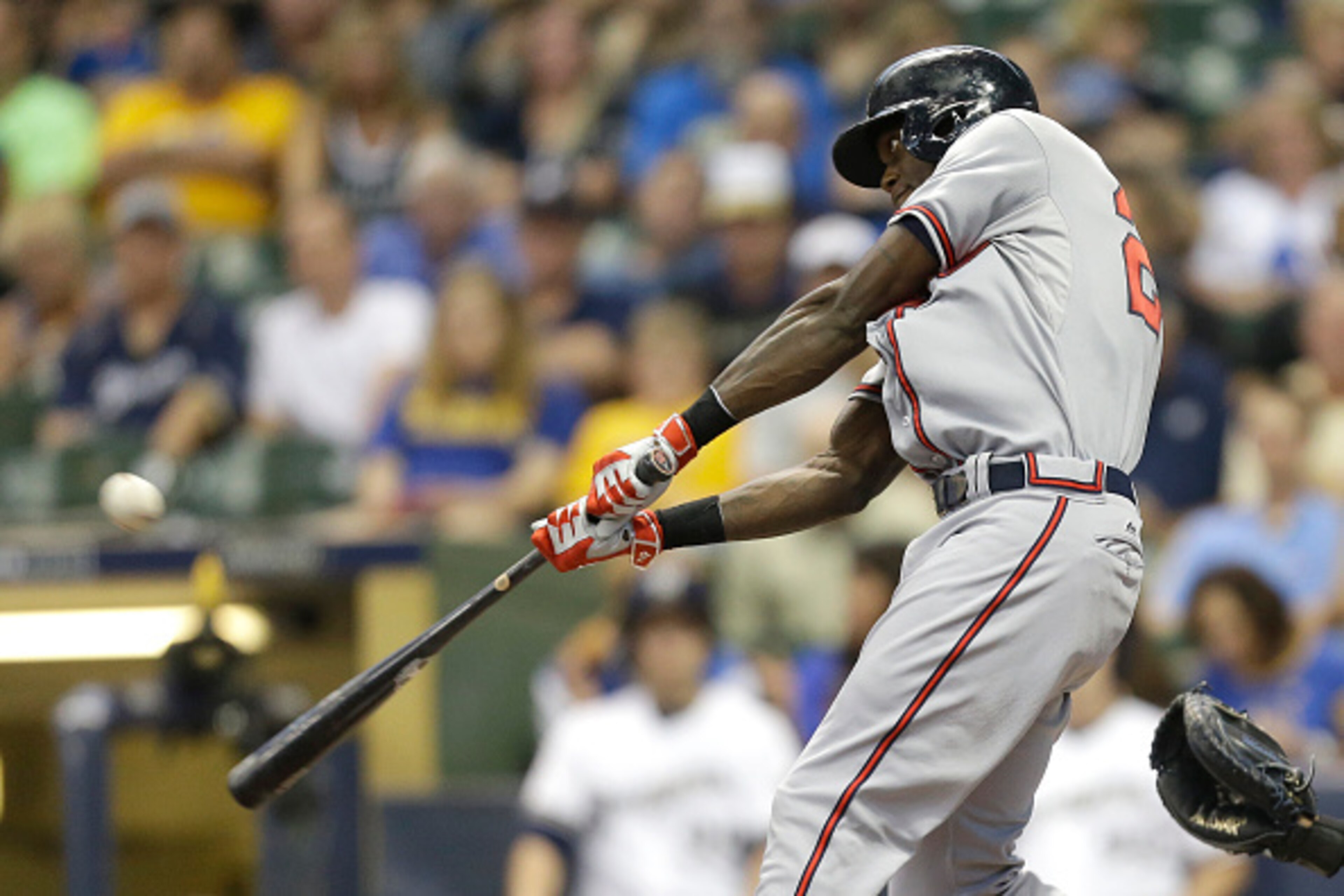MILWAUKEE, WI - JULY 06: Cameron Maybin #25 of the Atlanta Braves hits a single during the first inning against the Milwaukee Brewers at Miller Park on July 06, 2015 in Milwaukee, Wisconsin. (Photo by Mike McGinnis/Getty Images)