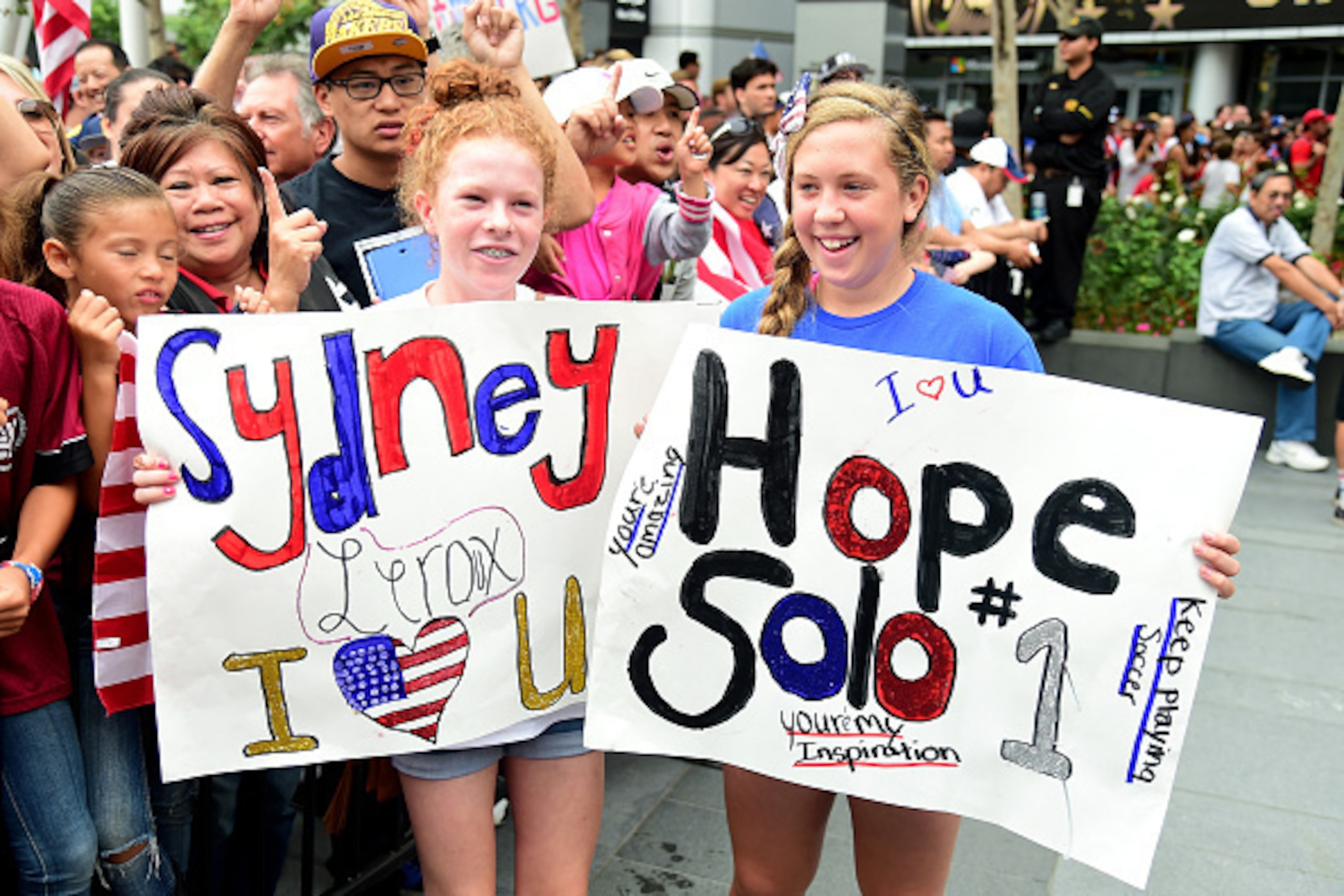 LOS ANGELES, CA - JULY 07: Fans gather at LA Live to celebrate victory of the 2015 Women's World Cup during a rally at LA Live on July 7, 2015 in Los Angeles, California. (Photo by Harry How/Getty Images) LOS ANGELES, CA - JULY 07: Fans gather at LA Live to celebrate victory of the 2015 Women's World Cup during a rally at LA Live on July 7, 2015 in Los Angeles, California. (Photo by Harry How/Getty Images)