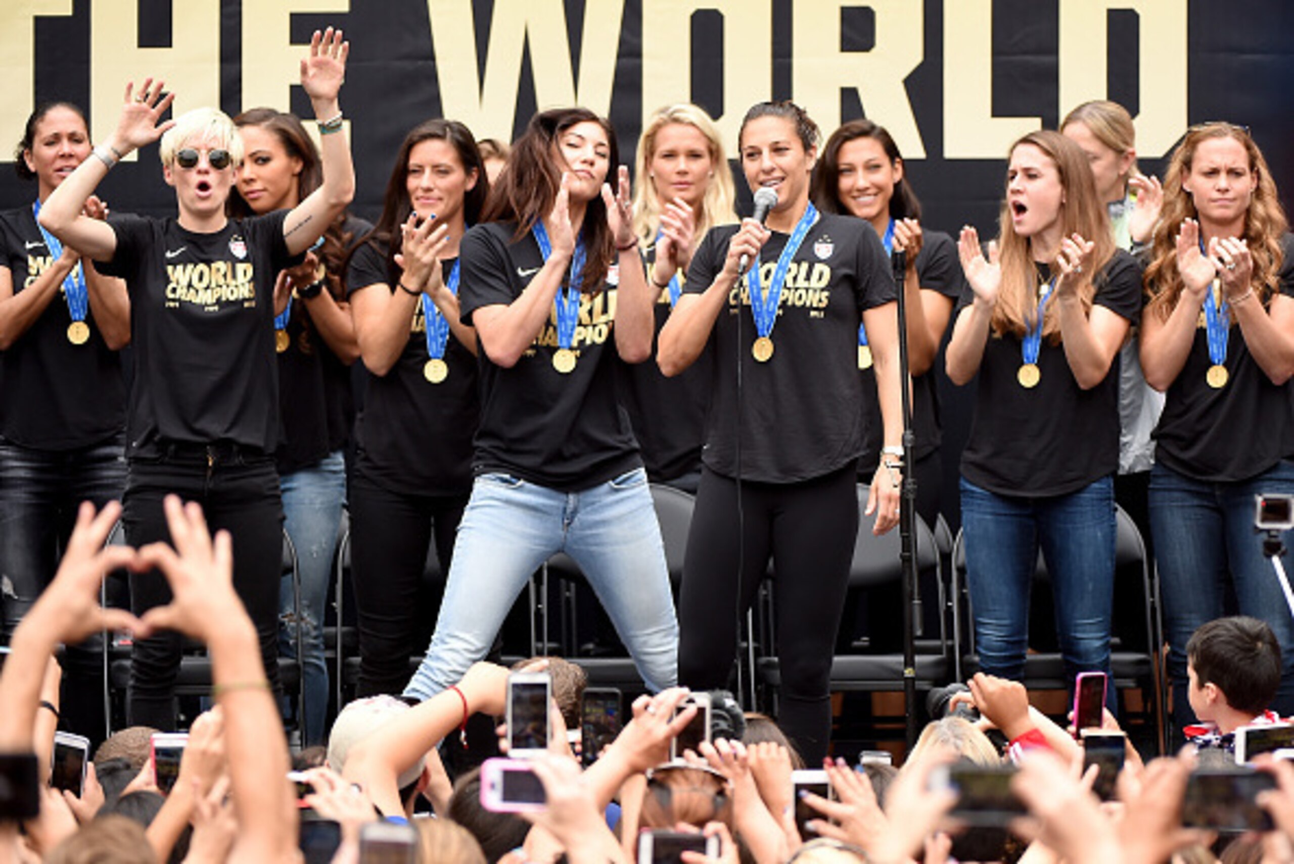 LOS ANGELES, CA - JULY 07: Carli Lloyd of the United States of America leads a celebration of victory of the 2015 Women's World Cup during a rally at LA Live on July 7, 2015 in Los Angeles, California. (Photo by Harry How/Getty Images) LOS ANGELES, CA - JULY 07: Carli Lloyd of the United States of America leads a celebration of victory of the 2015 Women's World Cup during a rally at LA Live on July 7, 2015 in Los Angeles, California. (Photo by Harry How/Getty Images)