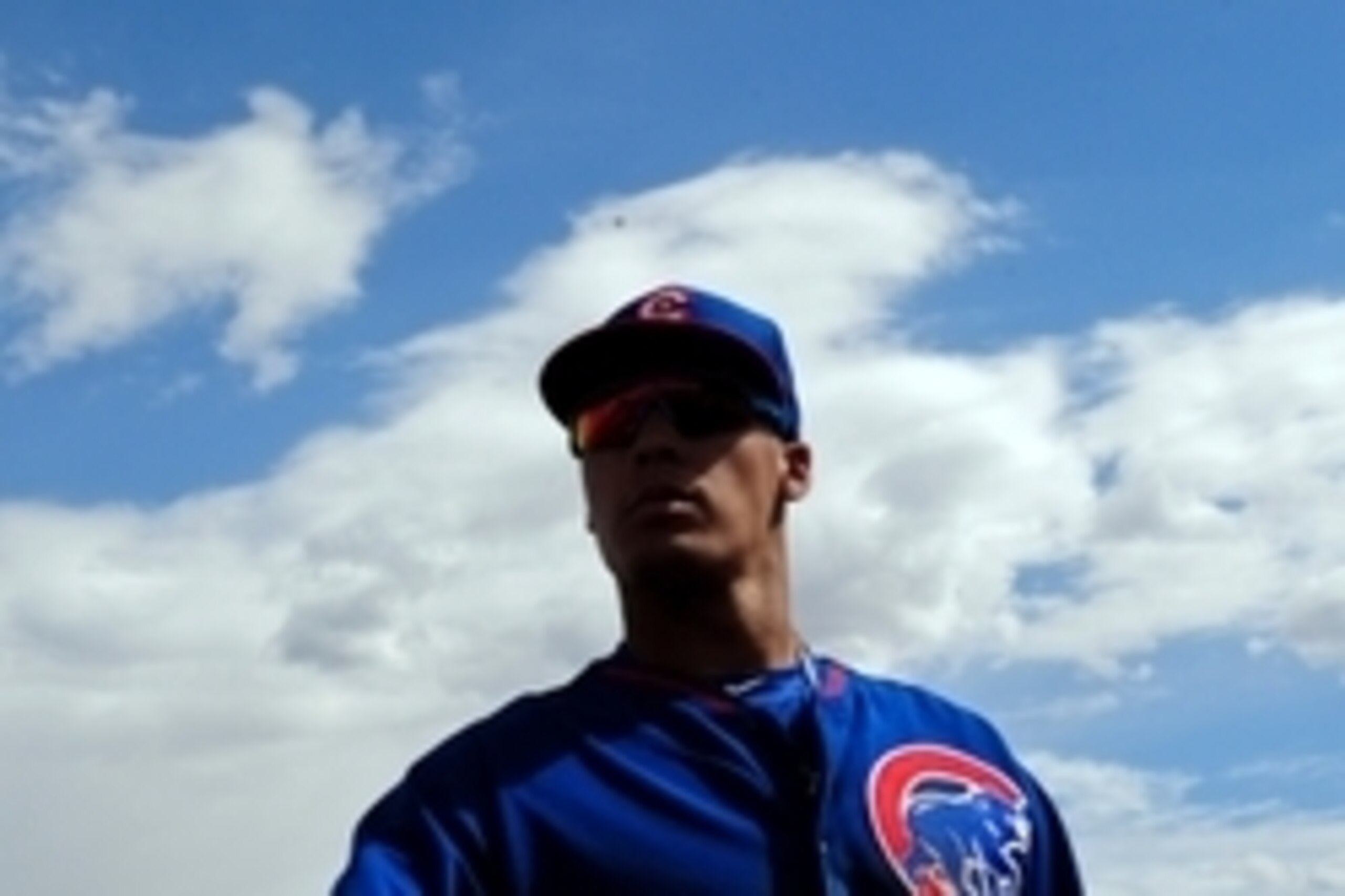 Mar 12, 2015; Tempe, AZ, USA; Chicago Cubs second baseman Javier Baez (9) looks on during the game against the Los Angeles Angels at Tempe Diablo Stadium. Mandatory Credit: Matt Kartozian-USA TODAY Sports