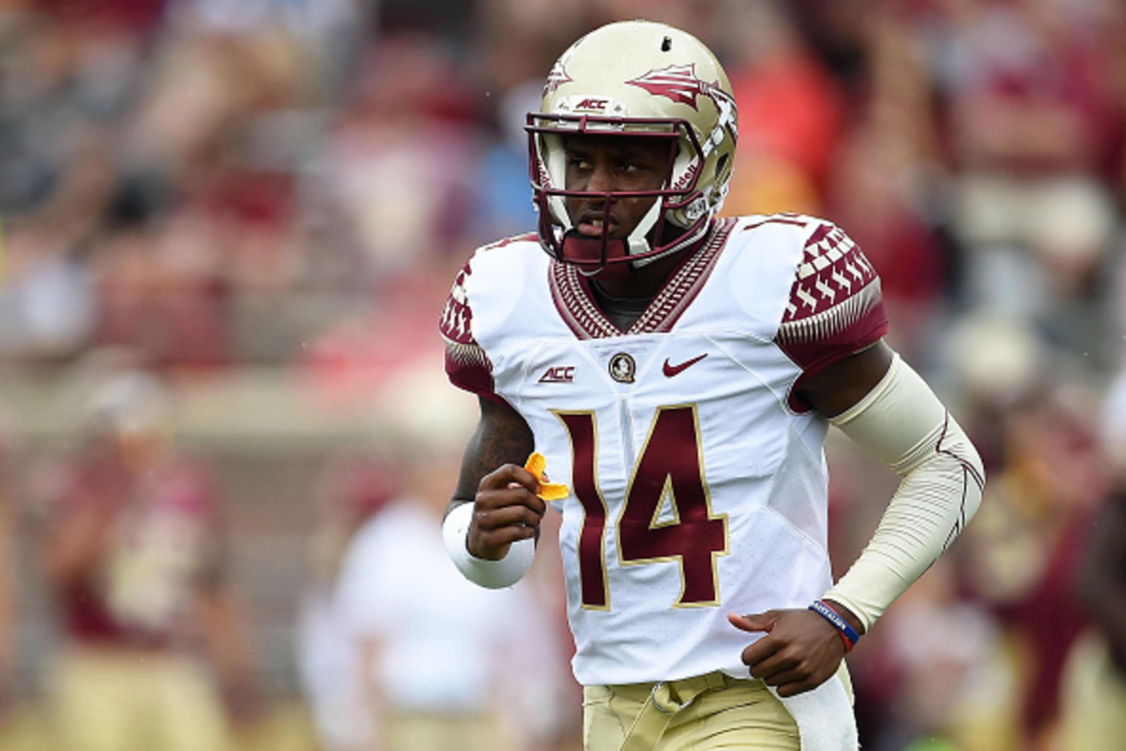 TALLAHASSEE, FL - APRIL 11:  De'Andre Johnson #14 of the Gold team runs to the sideline following a rushing touchdown against the Garnet team during Florida State's Garnet and Gold spring game at Doak Campbell Stadium on April 11, 2015 in Tallahassee, Flo