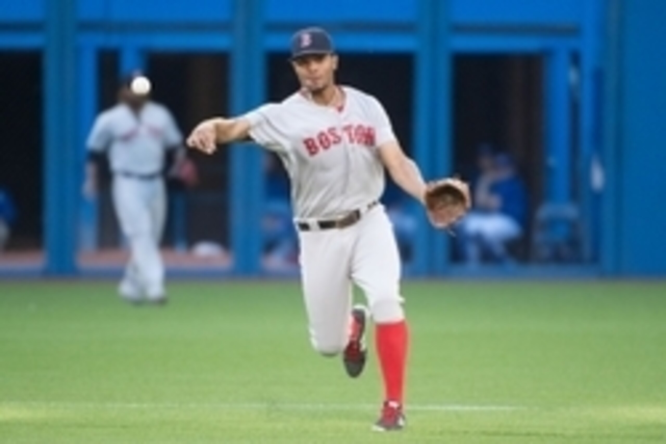 Jul 2, 2015; Toronto, Ontario, CAN; Boston Red Sox shortstop Xander Bogaerts (2) throws a ball to first base during the first inning in a game against the Toronto Blue Jays at Rogers Centre. The Boston Red Sox won 12-6. Mandatory Credit: Nick Turchiaro-US