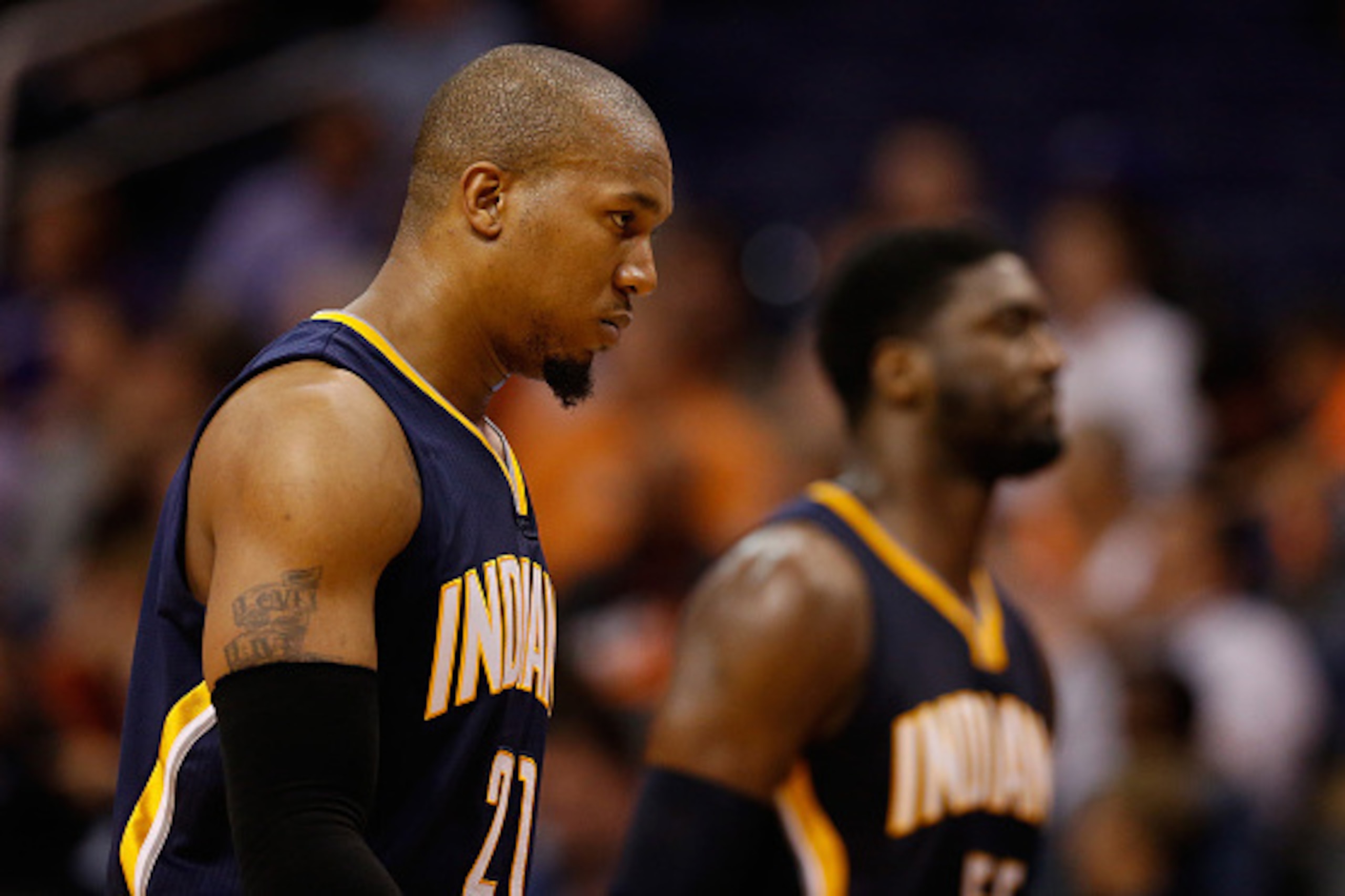 PHOENIX, AZ - DECEMBER 02: David West #21 and Roy Hibbert #55 of the Indiana Pacers check out of the NBA game late in the fourth quarter against the Phoenix Suns at US Airways Center on December 2, 2014 in Phoenix, Arizona. NOTE TO USER: User expressly PHOENIX, AZ - DECEMBER 02: David West #21 and Roy Hibbert #55 of the Indiana Pacers check out of the NBA game late in the fourth quarter against the Phoenix Suns at US Airways Center on December 2, 2014 in Phoenix, Arizona. NOTE TO USER: User expressly