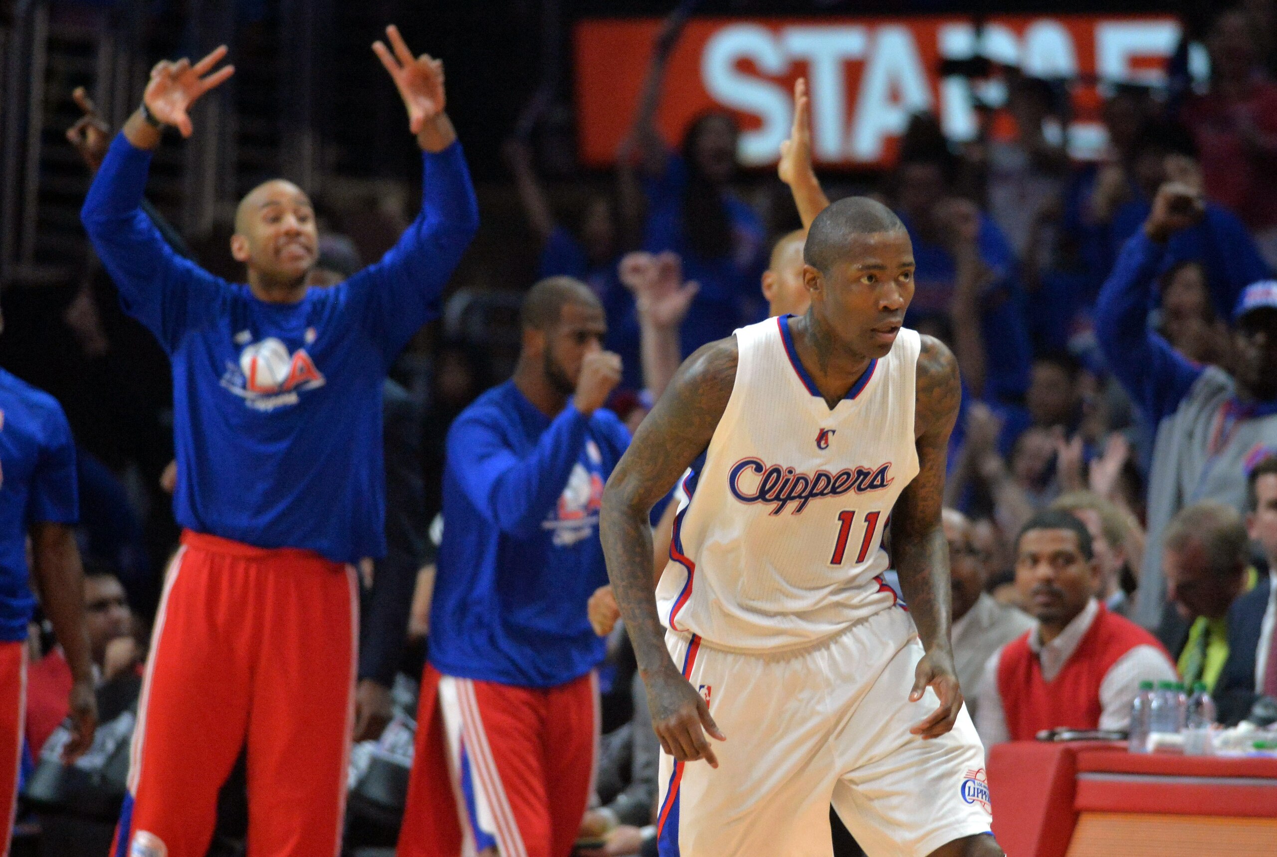 May 10, 2015; Los Angeles, CA, USA; Los Angeles Clippers guard Jamal Crawford (11) reacts after a 3-point basket against the Houston Rockets in game three of the second round of the NBA Playoffs. at Staples Center. Mandatory Credit: Kirby Lee-USA TODAY Sp