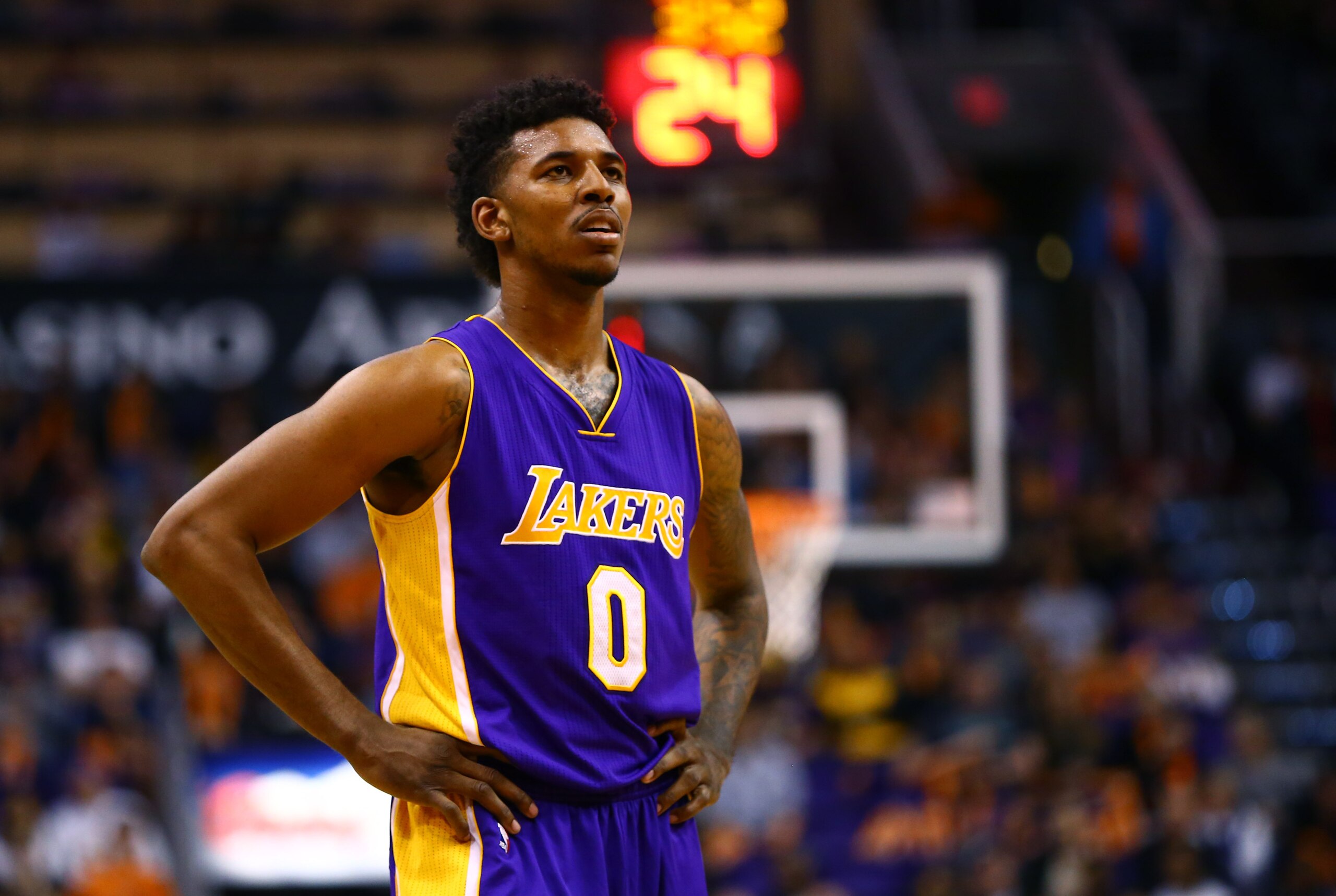 Jan 19, 2015; Phoenix, AZ, USA; Los Angeles Lakers forward Nick Young (0) against the Phoenix Suns at US Airways Center. The Suns defeated the Lakers 115-100. Mandatory Credit: Mark J. Rebilas-USA TODAY Sports