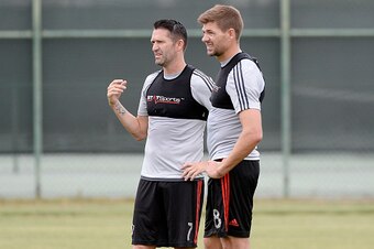 CARSON, CA - JULY 7: New Los Angeles Galaxy midfielder Steven Gerrard #8 and Robbie Keane #7 during a training session on July 7, 2015 at StubHub Center in Carson, California. The former Liverpool captain Steven Gerrard is scheduled to play his first MLS 