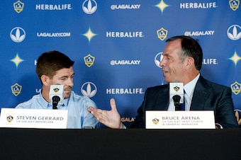 CARSON, CA - JULY 7: New Los Angeles Galaxy midfielder Steven Gerrard #8 shakes hands with Bruce Arena (R), LA Galaxy Head Coach and General Manager, during a news conference on July 7, 2015 at StubHub Center in Carson, California. The former Liverpool ca